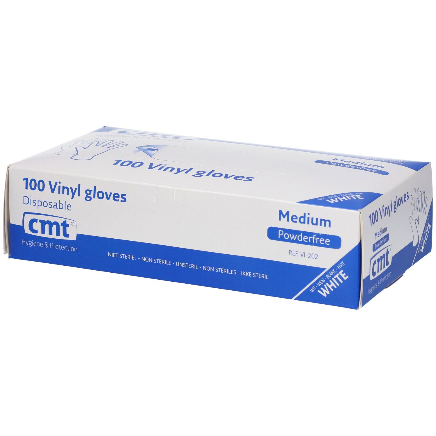 Boîte de 100 gants en vinyle. Marque CMT, blanc, sans poudre, taille Medium. Inscription: 100 gants en vinyle, jetables.
