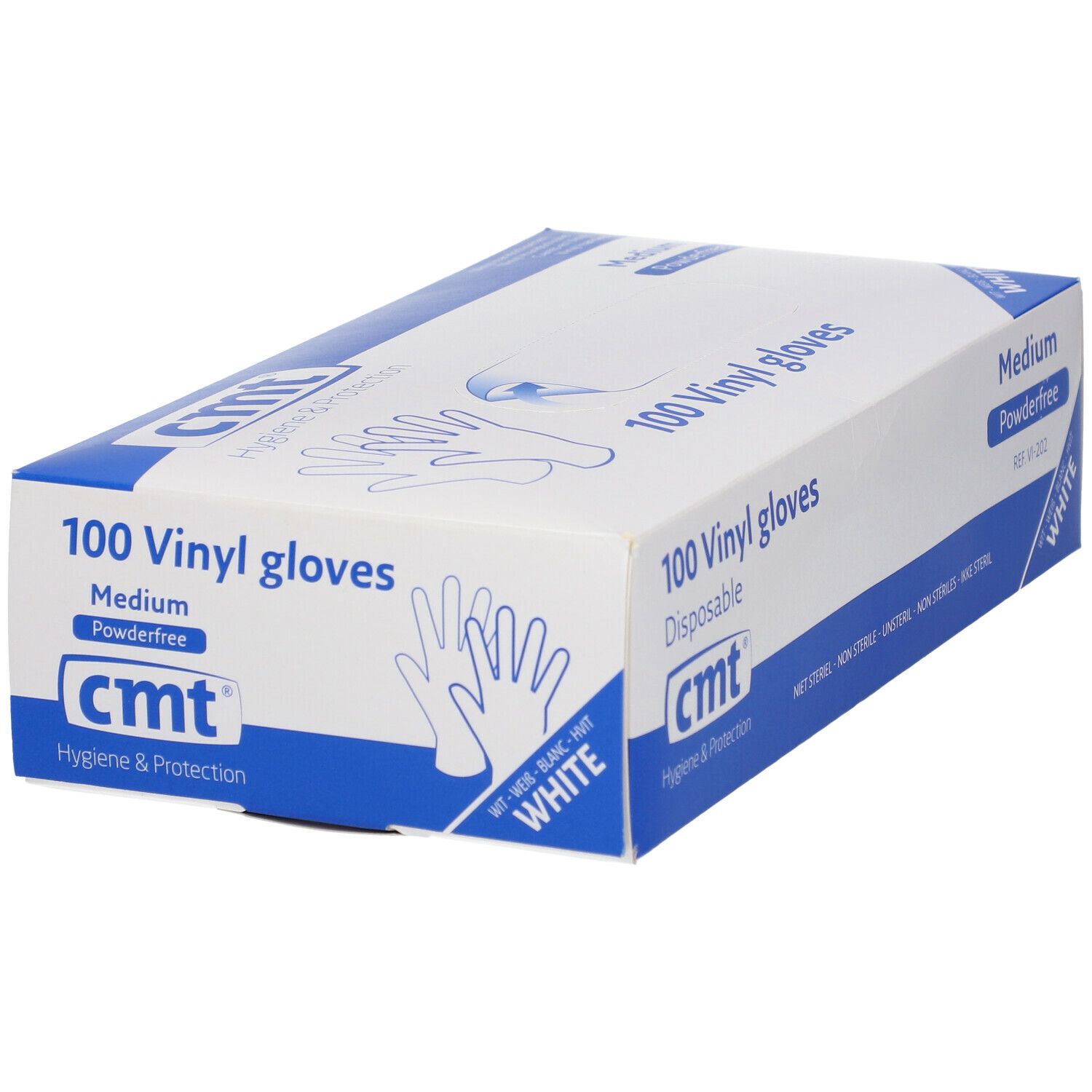 Boîte de 100 gants en vinyle. Marque CMT, blanc, sans poudre, taille Medium. Inscription: 100 gants en vinyle, jetables.
