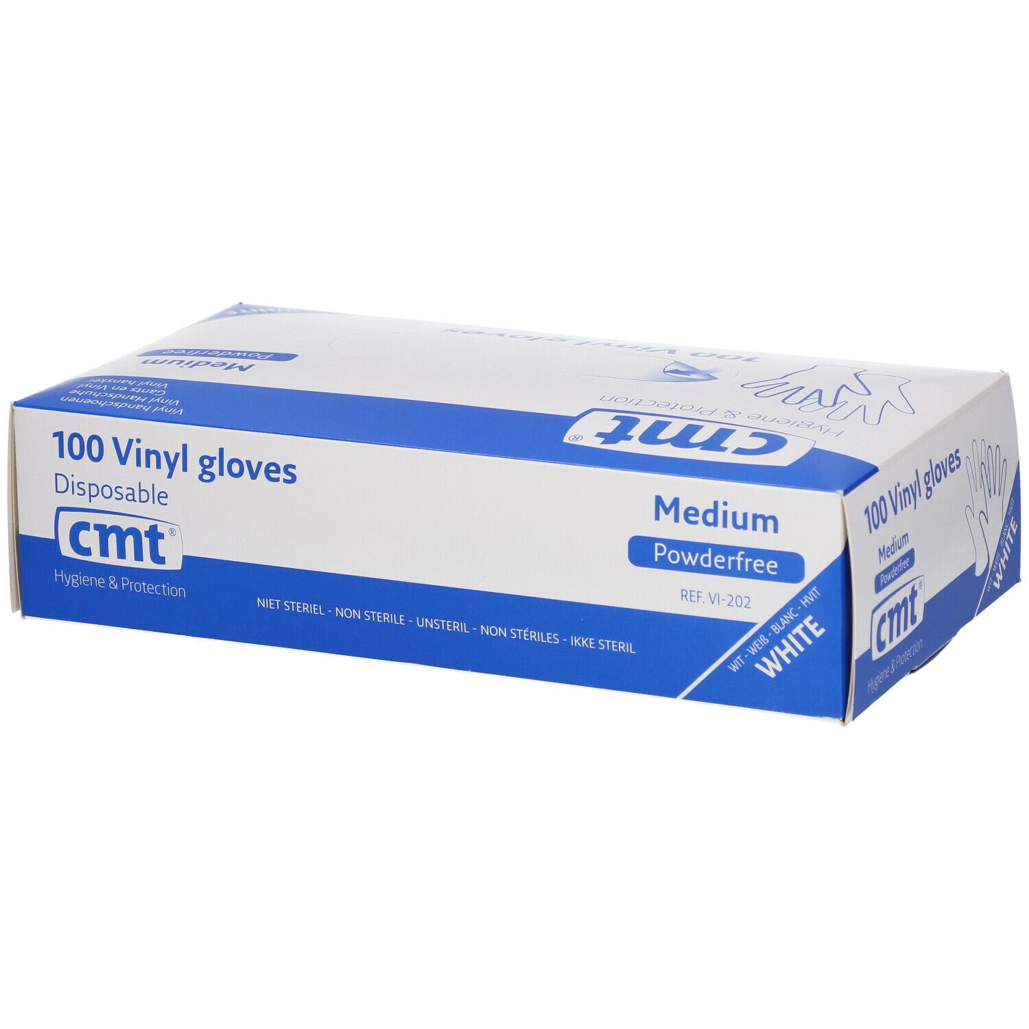 Boîte de 100 gants en vinyle. Marque CMT, blanc, sans poudre, taille Medium. Inscription: 100 gants en vinyle, jetables.