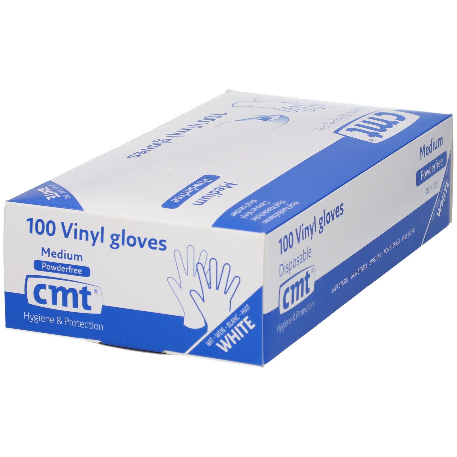Boîte de 100 gants en vinyle. Marque CMT, blanc, sans poudre, taille Medium. Inscription: 100 gants en vinyle, jetables.