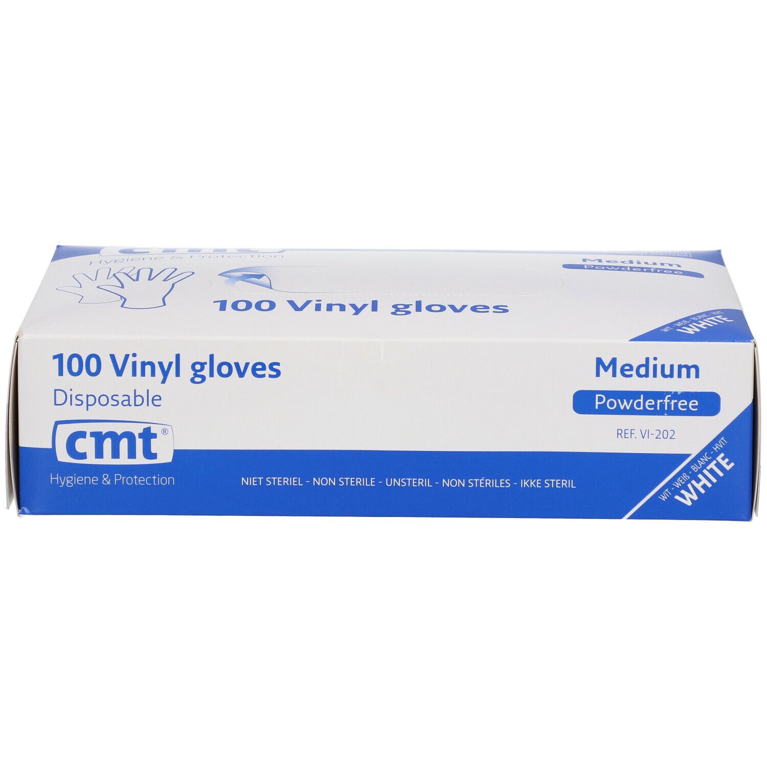 Boîte de 100 gants en vinyle. Marque CMT, blanc, sans poudre, taille Medium. Inscription: 100 gants en vinyle, jetables.