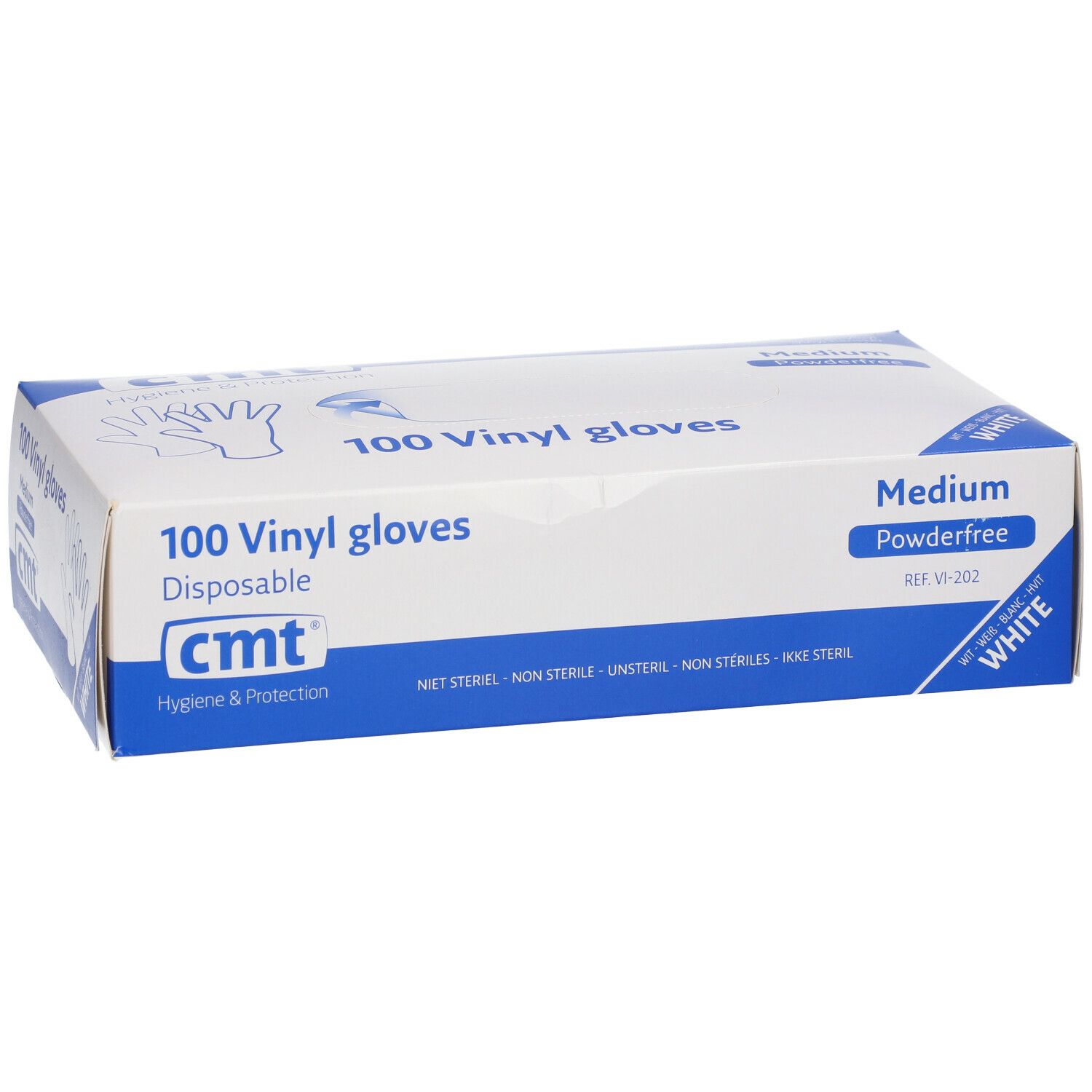 Boîte de 100 gants en vinyle. Marque CMT, blanc, sans poudre, taille Medium. Inscription: 100 gants en vinyle, jetables.