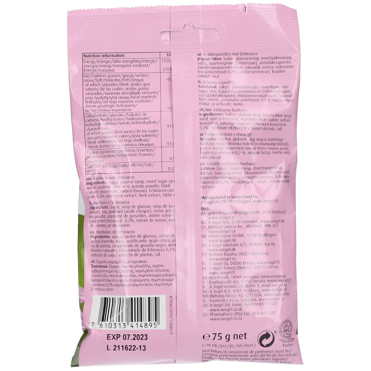 Achterkant roze verpakking "A. Vogel Echina C Bonbons". Tekst met voedingswaarde en ingrediënten.