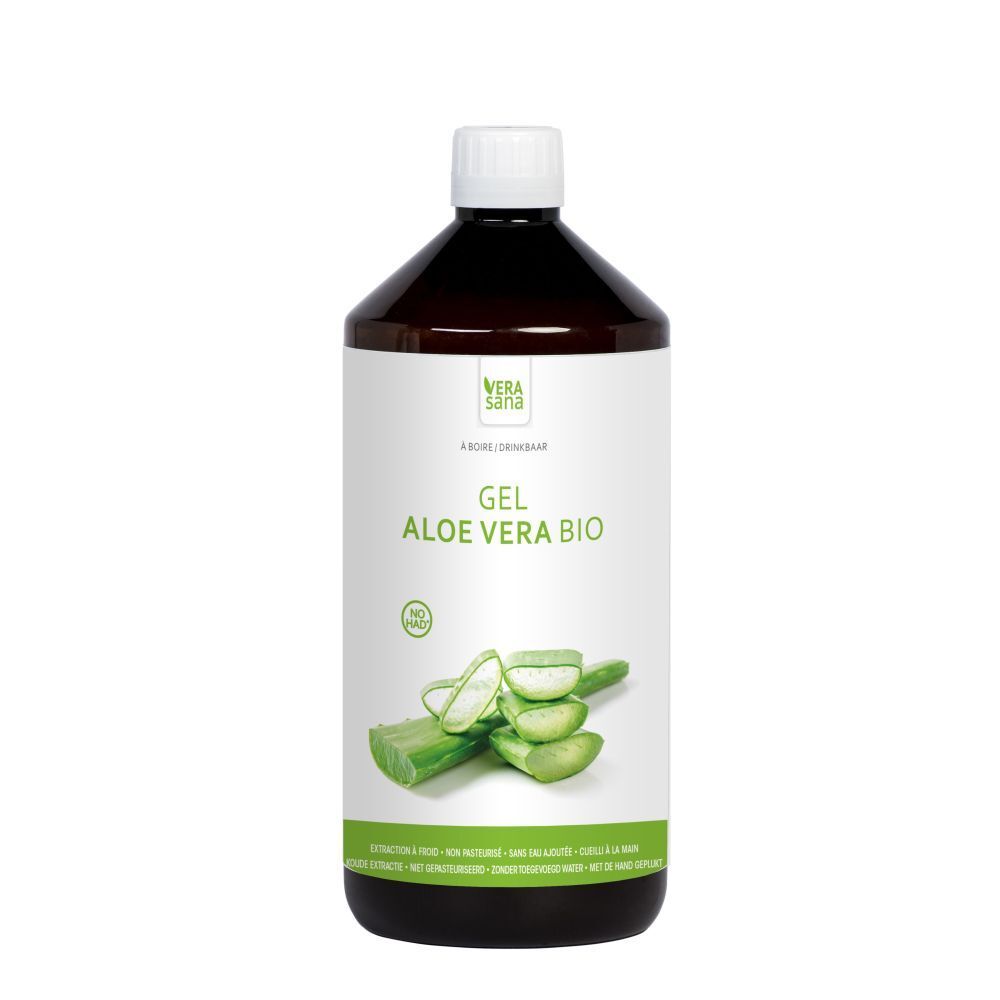 Bouteille marron avec bouchon blanc. Étiquette avec nom du produit et image d'aloe vera. Label bio.