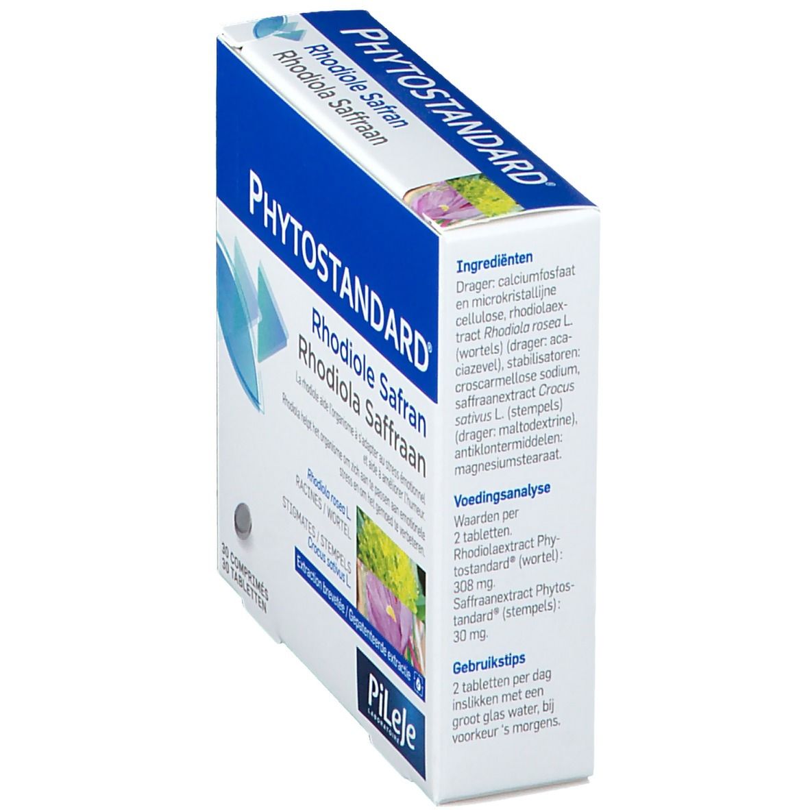 Doos met productnaam, ingrediënten en dosering. Blauw-witte verpakking.