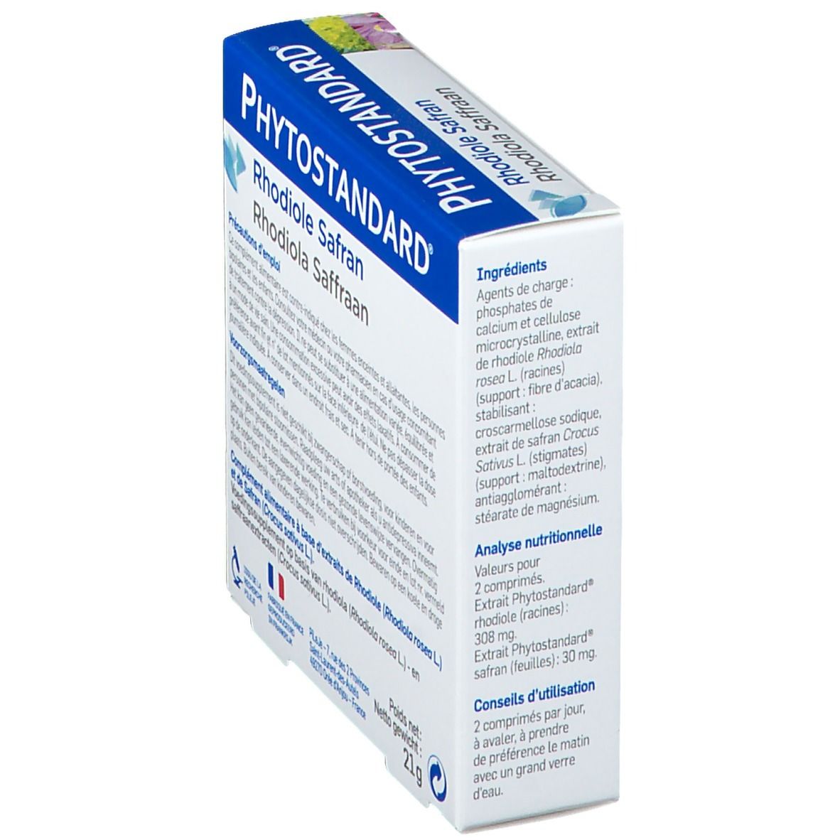 Doos met productnaam, ingrediënten en dosering. Blauw-witte verpakking.