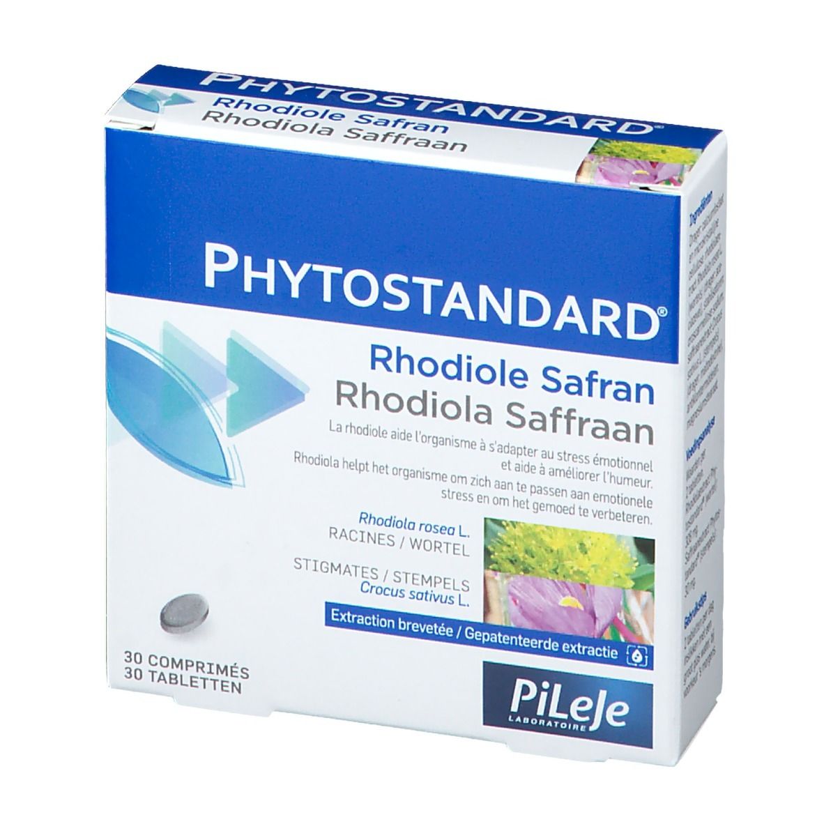 Doos met productnaam en 30 tabletten. Blauw-witte verpakking met info.