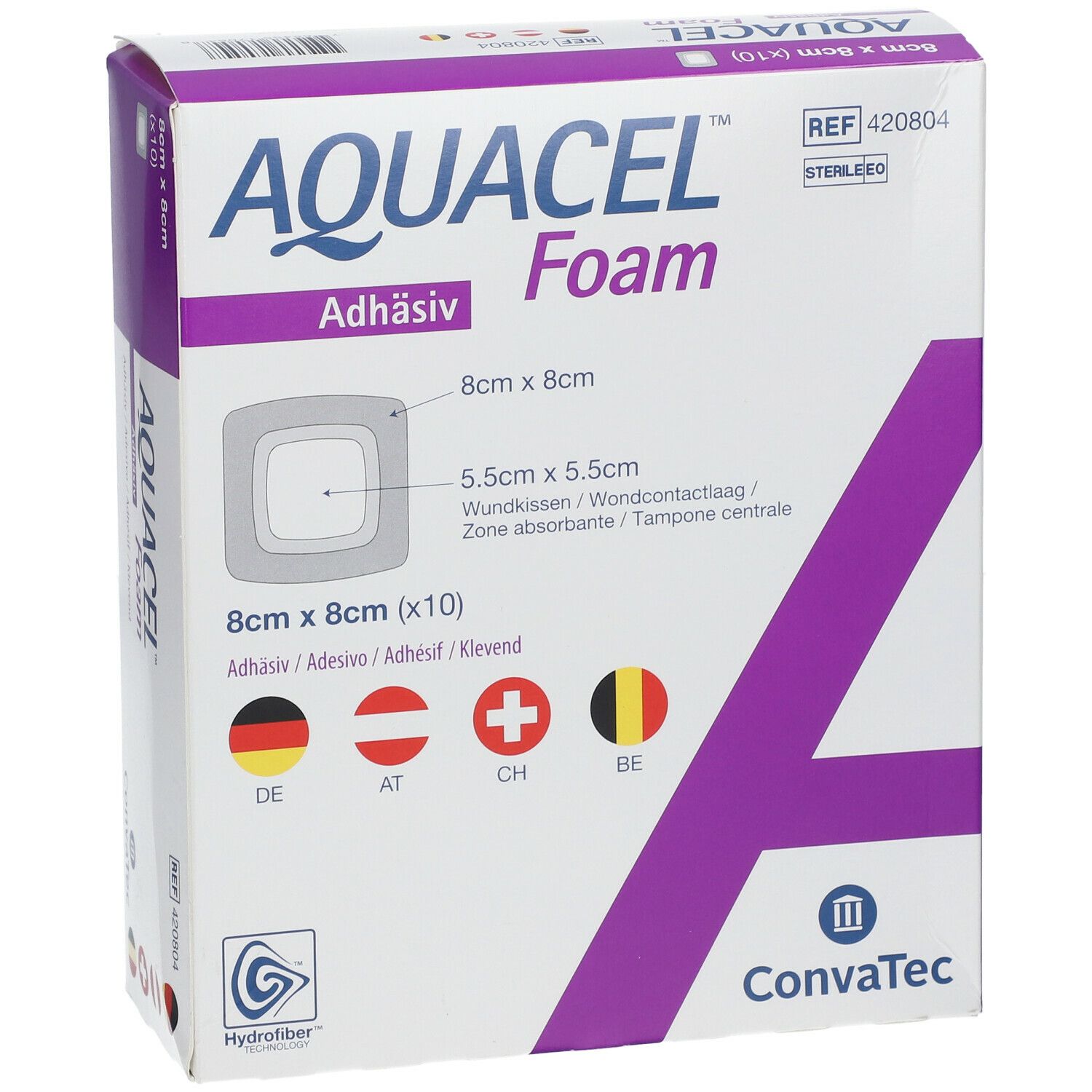 Boîte AQUACEL Foam Adhäsif, 8x8cm. Contient 10 pièces. Logo ConvaTec. Drapeaux DE, AT, CH, BE.