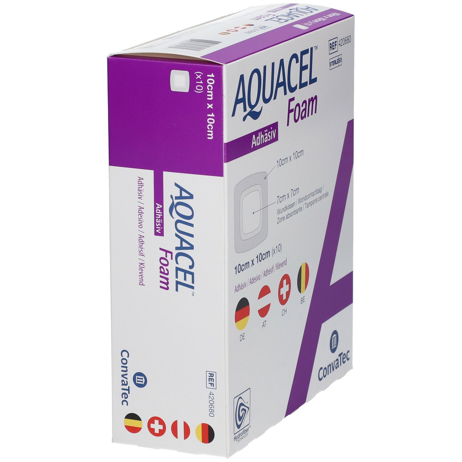 Boîte AQUACEL Foam adhésif 10 cm x 10 cm, vue en biais. Informations produit.