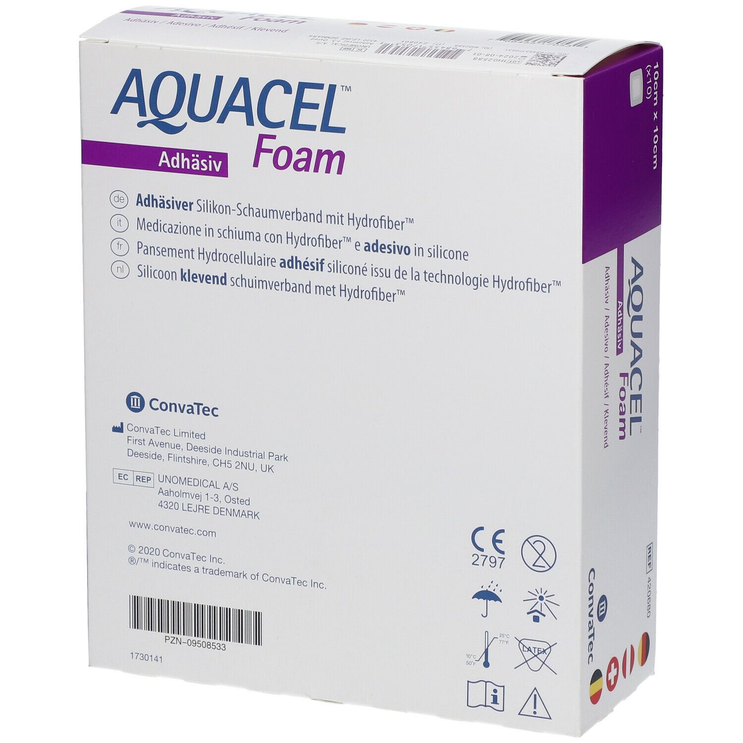 Dos de la boîte AQUACEL Foam adhésif. Informations, logos et certifications.