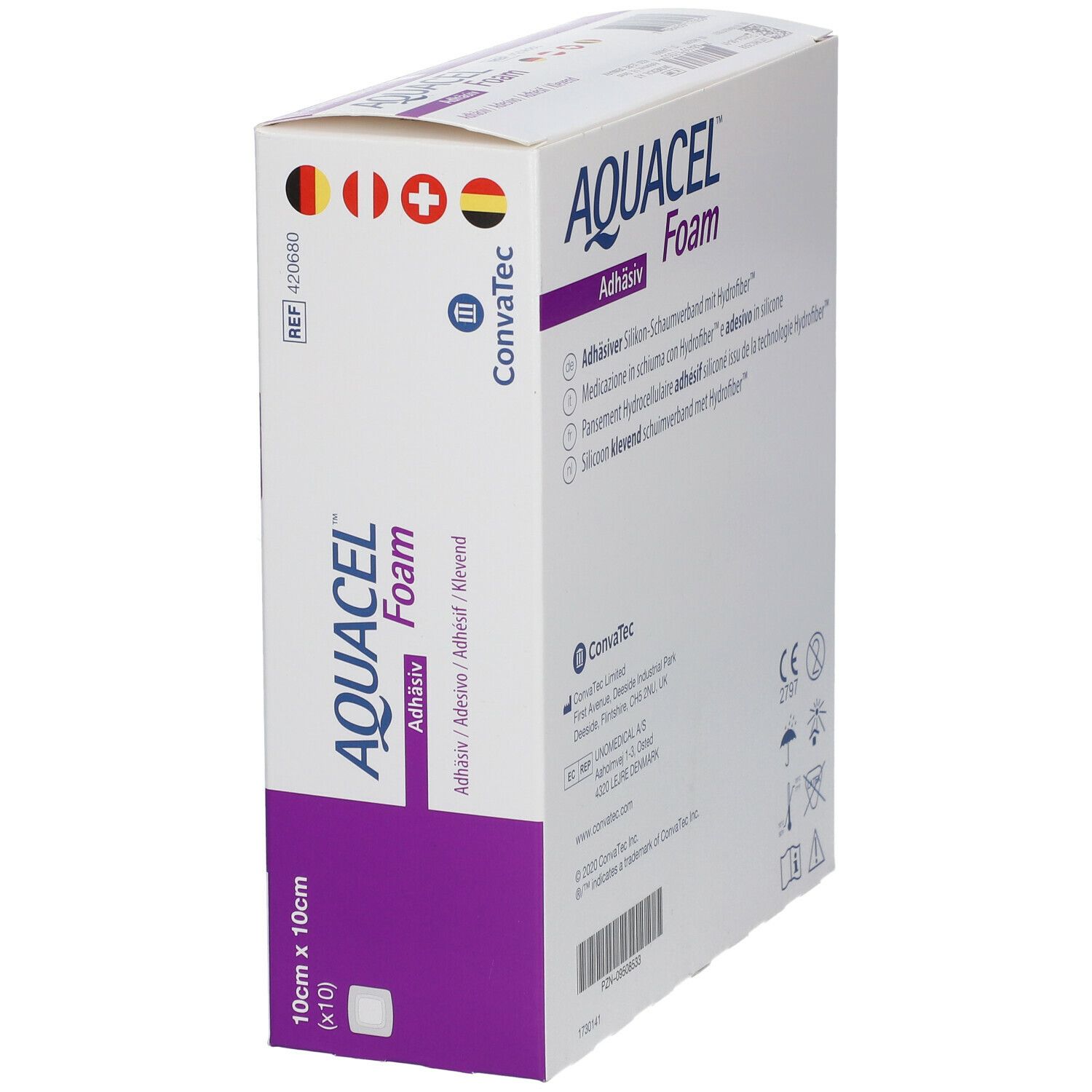 Boîte AQUACEL Foam adhésif, vue en biais. Informations produit et logos.