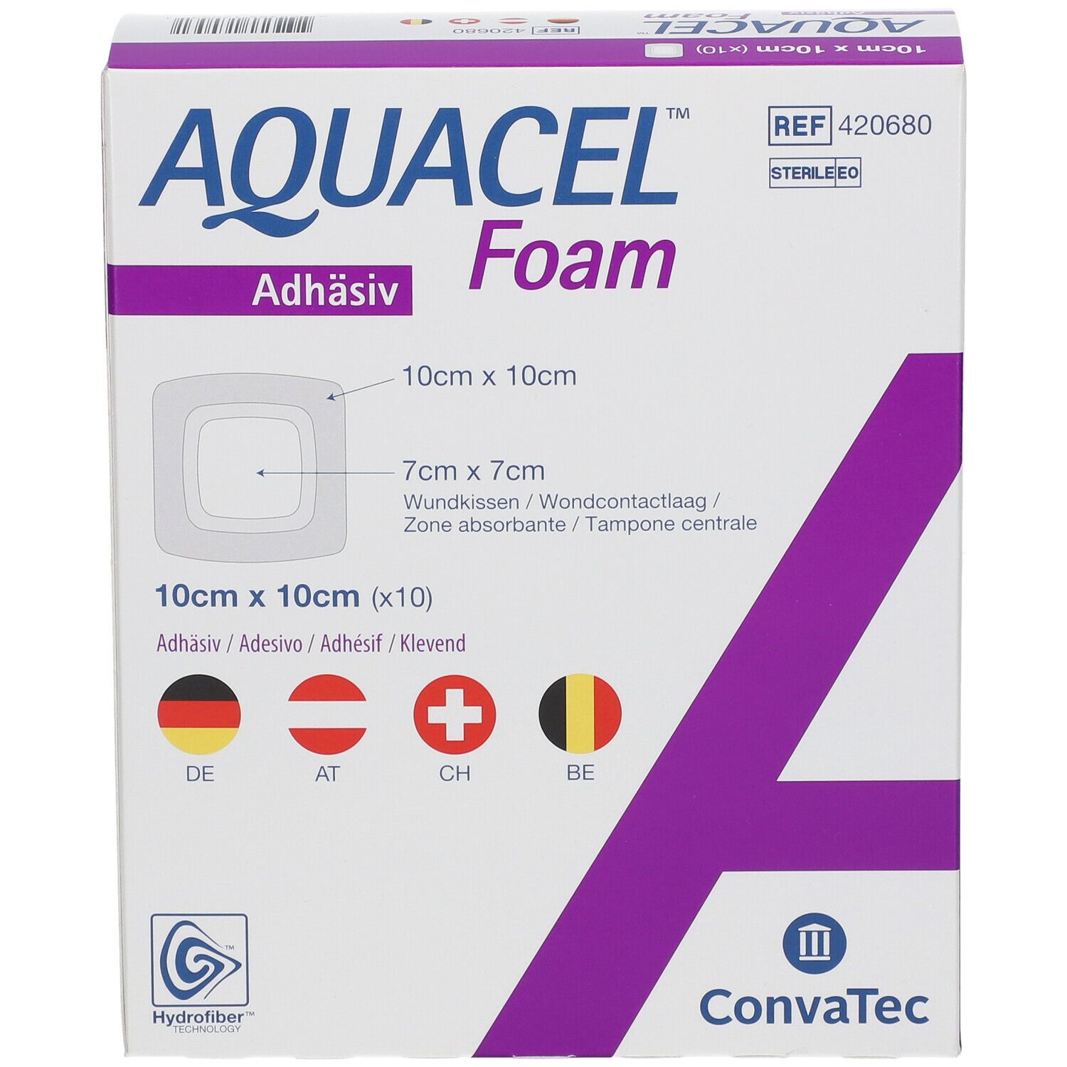Boîte de pansements AQUACEL Foam adhésif 10 cm x 10 cm. Informations produit et logos.