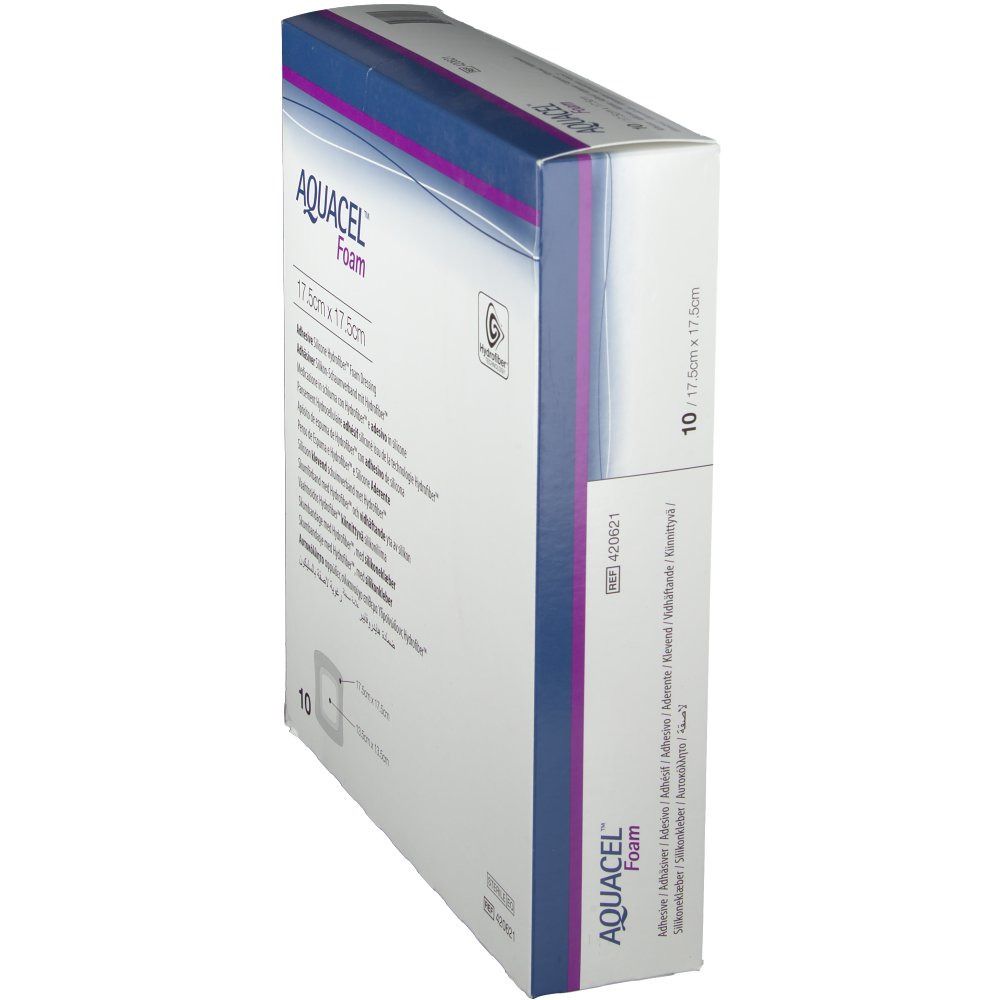 Seitenansicht der Aquacel Foam Verpackung. Aufschrift: Aquacel Foam, 17,5 cm x 17,5 cm. 10 Stück. Enthält Informationen in mehreren Sprachen.