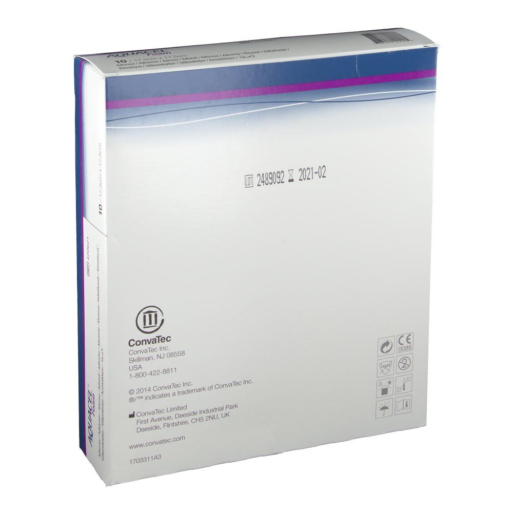 Rückseite der Aquacel Foam Verpackung. Enthält Informationen über den Hersteller, Chargennummer und Haltbarkeitsdatum.