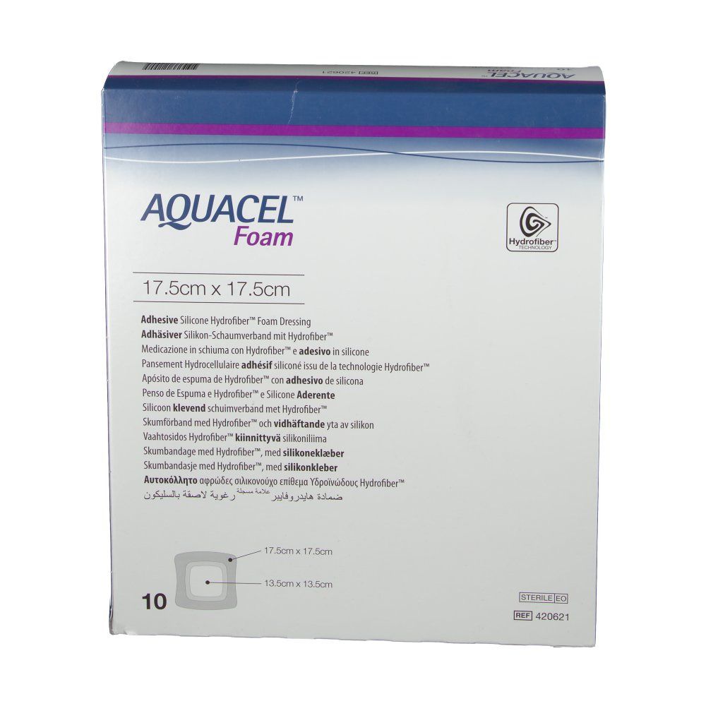 Vorderansicht der Aquacel Foam Verpackung, 17,5 cm x 17,5 cm. Aufschrift: Adhesive Silicone Hydrofiber Foam Dressing. 10 Stück.