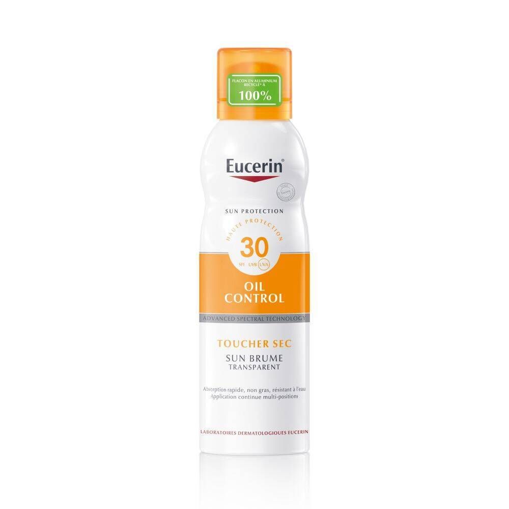 Eucerin Sun Protection brume SPF 30. Flacon blanc, bouchon orange. Texte: Oil Control, 30, Sun Brume Transparent.