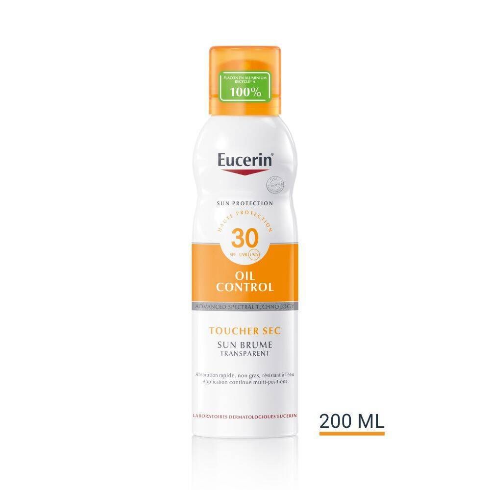 Eucerin Sun Protection brume SPF 30. Flacon blanc, bouchon orange. Texte: Oil Control, 30, Sun Brume Transparent, 200 ml.