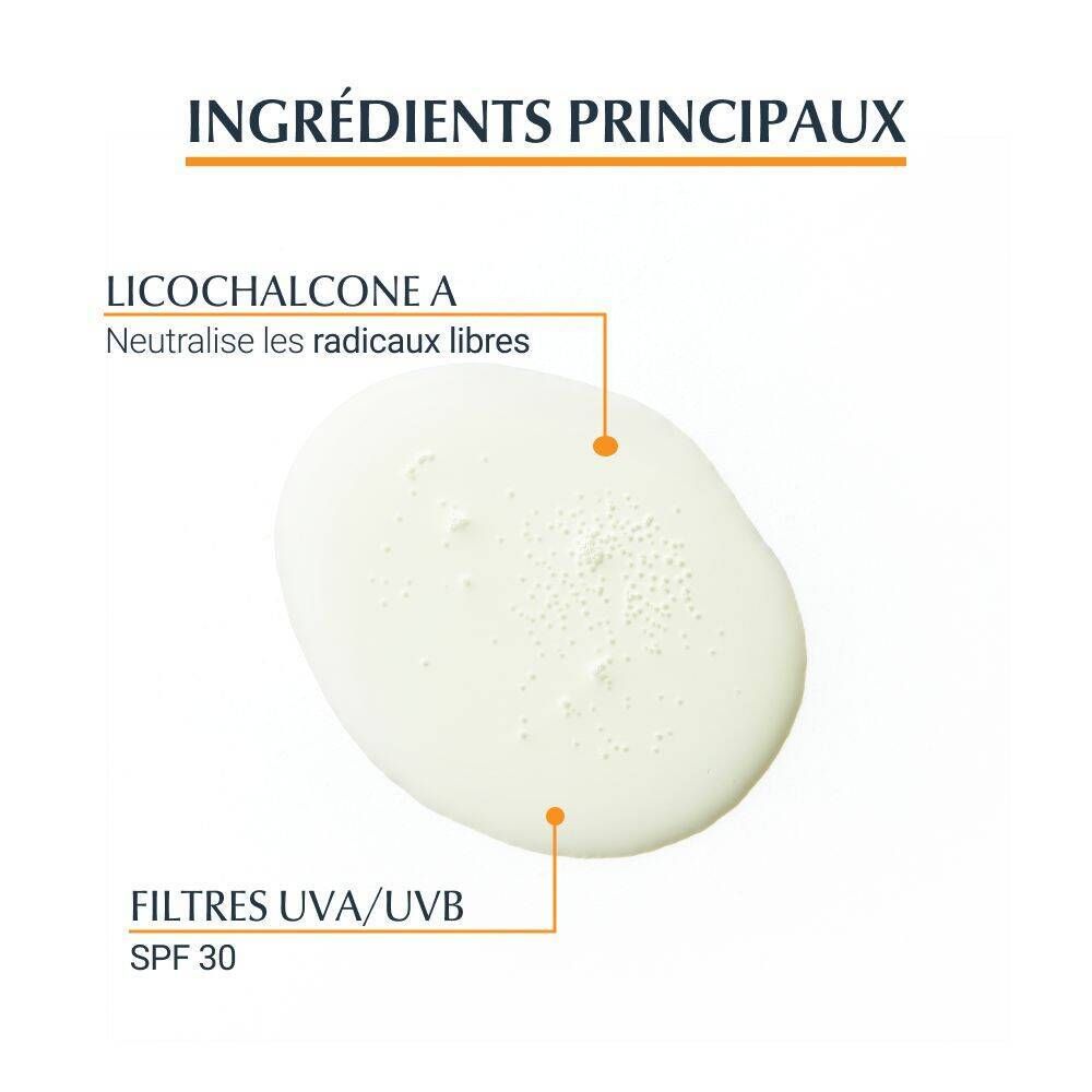 Liquide avec texte: filtres UVA/UVB SPF 30, Licochalcone A, neutralise les radicaux libres.