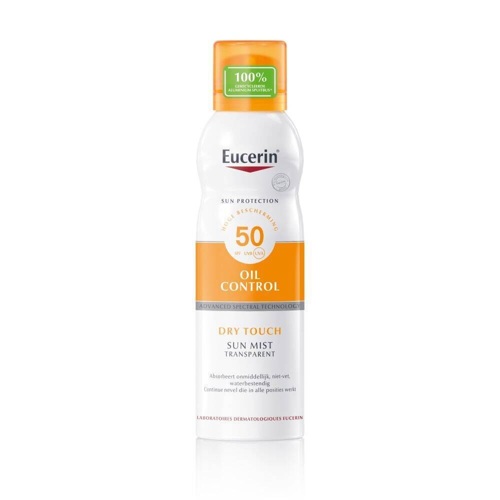 Eucerin® Sun Protection Spray SPF 50+ fles. Wit, oranje. Met sproeikop.