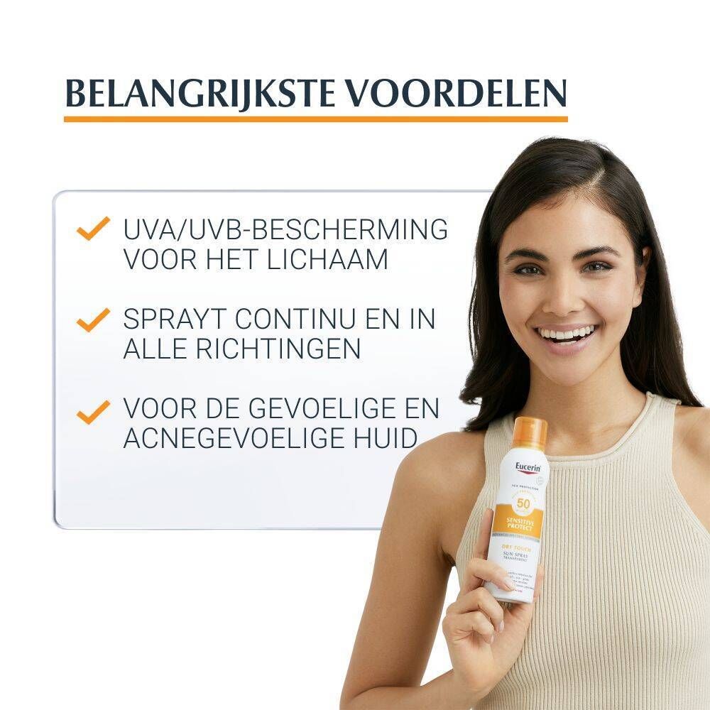 Vrouw houdt Eucerin® Sun Protection Spray vast. Tekst: Voordelen: UVA/UVB, continu, gevoelige huid.