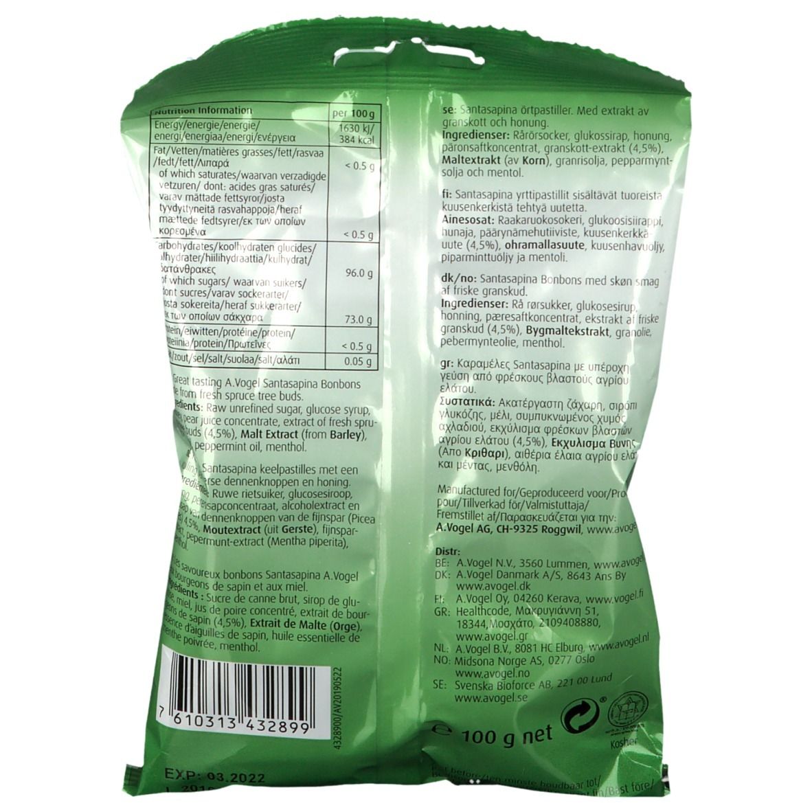Dos du paquet de bonbons A.Vogel Santasapina. Contient des informations textuelles et nutritionnelles. Vert.