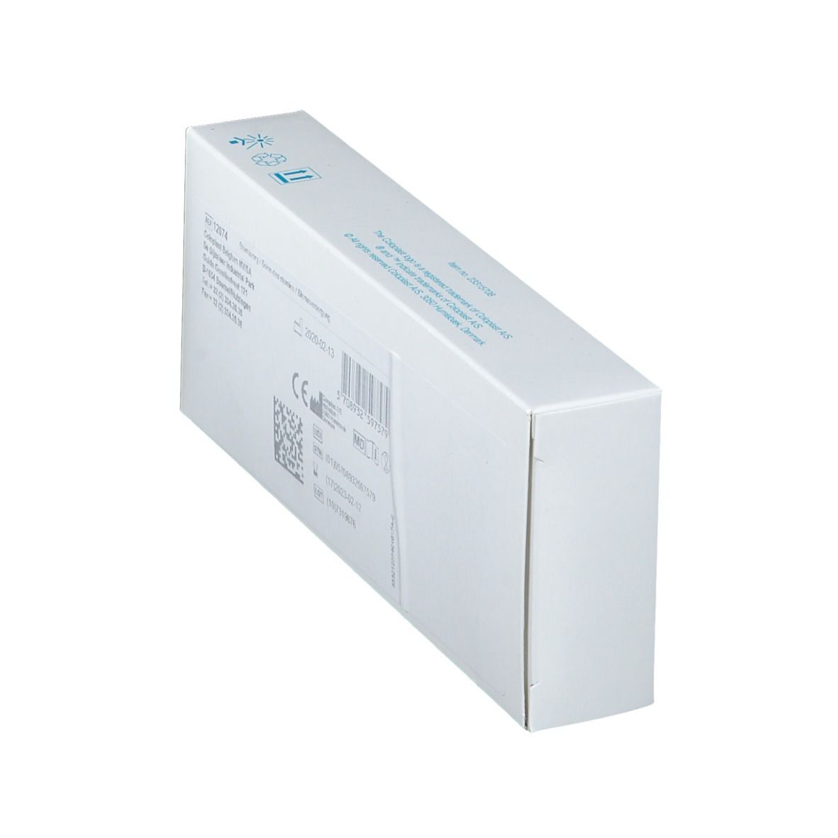 Boîte rectangulaire blanche en biais. Coin bleu. Informations produit et code-barres imprimés.