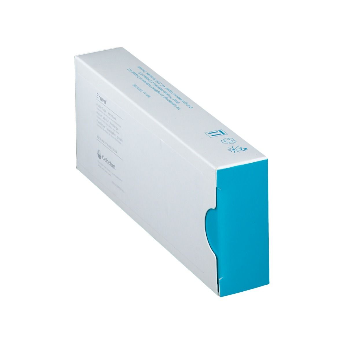 Boîte rectangulaire blanche en biais. Coin bleu. Inscription 'Brava' et nom du produit. Logo Coloplast.