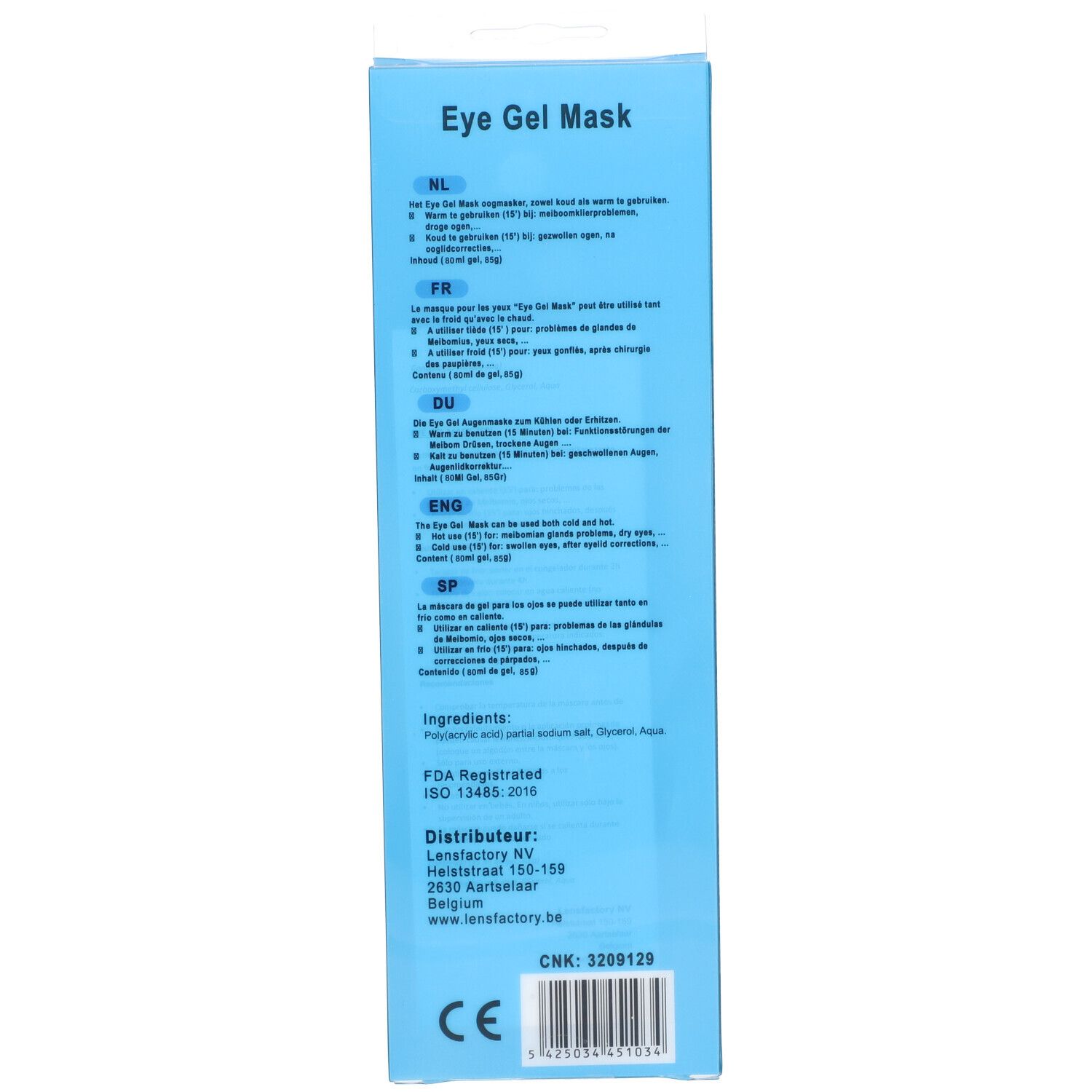 Dos de l'emballage avec texte multilingue. Informations sur les ingrédients et le fabricant.