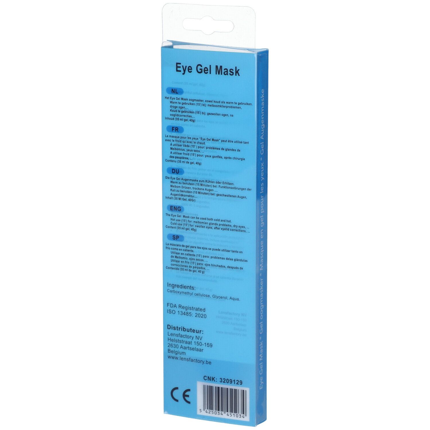 Emballage bleu étroit avec texte. Informations multilingues et détails du fabricant.