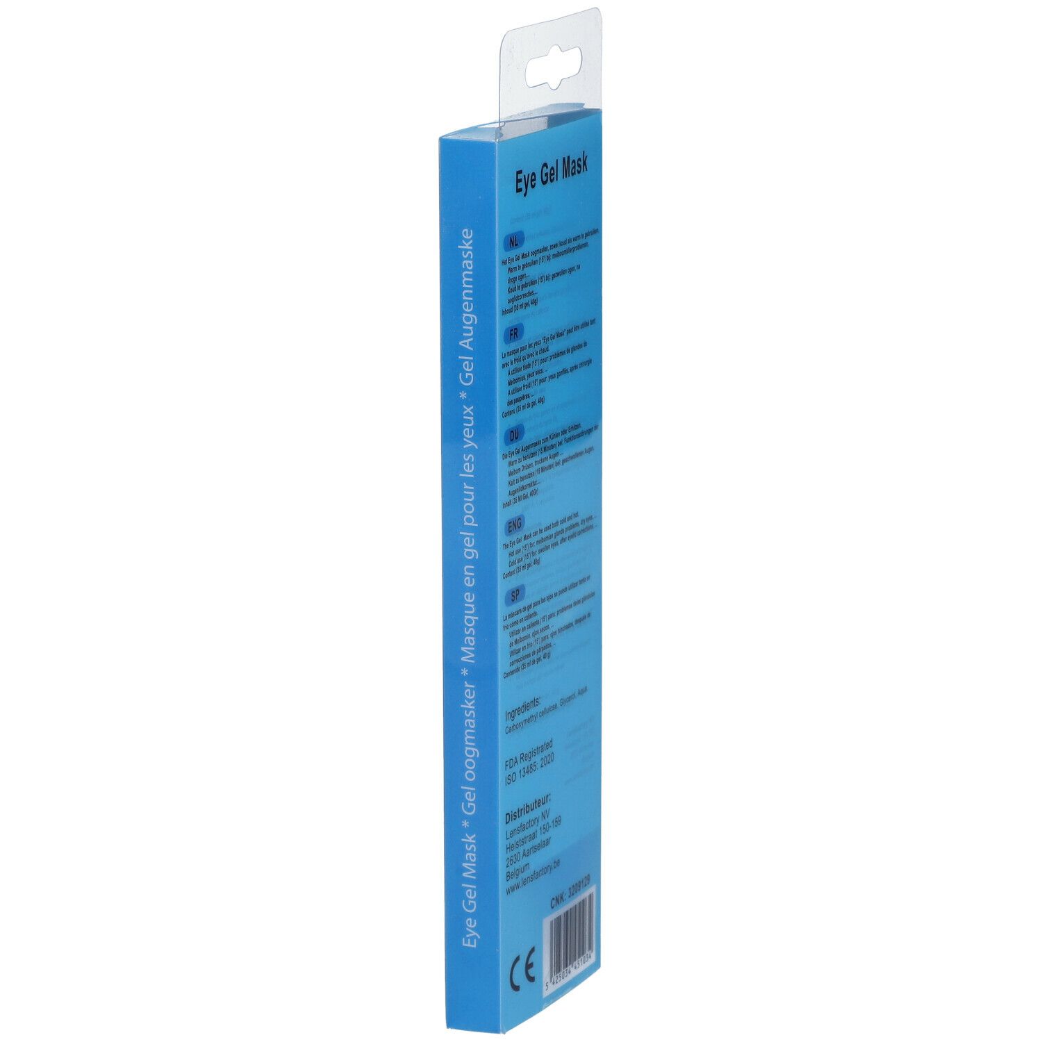 Emballage bleu étroit avec texte. Informations multilingues et détails du fabricant.
