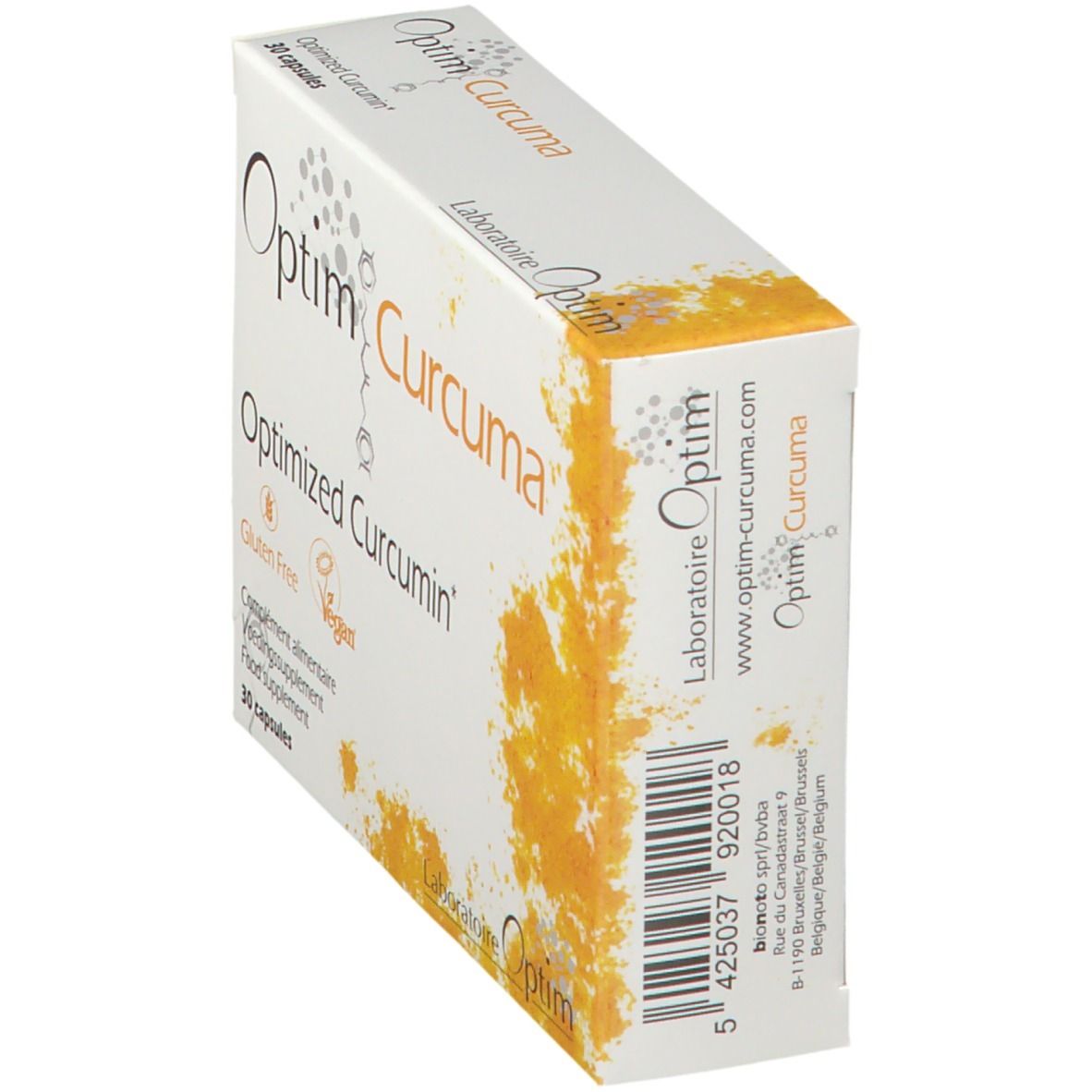 Boîte Optim Curcuma en biais. Contient 30 gélules. Sans gluten et végétalien.