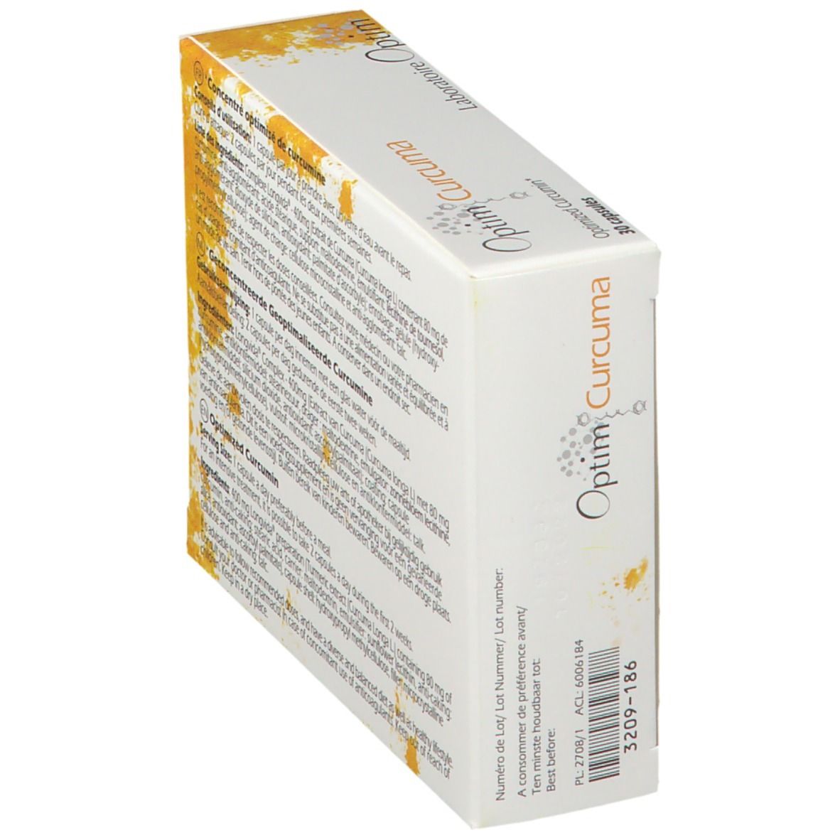 Vue oblique de la boîte Optim Curcuma. Contient des informations sur les ingrédients et l'utilisation.
