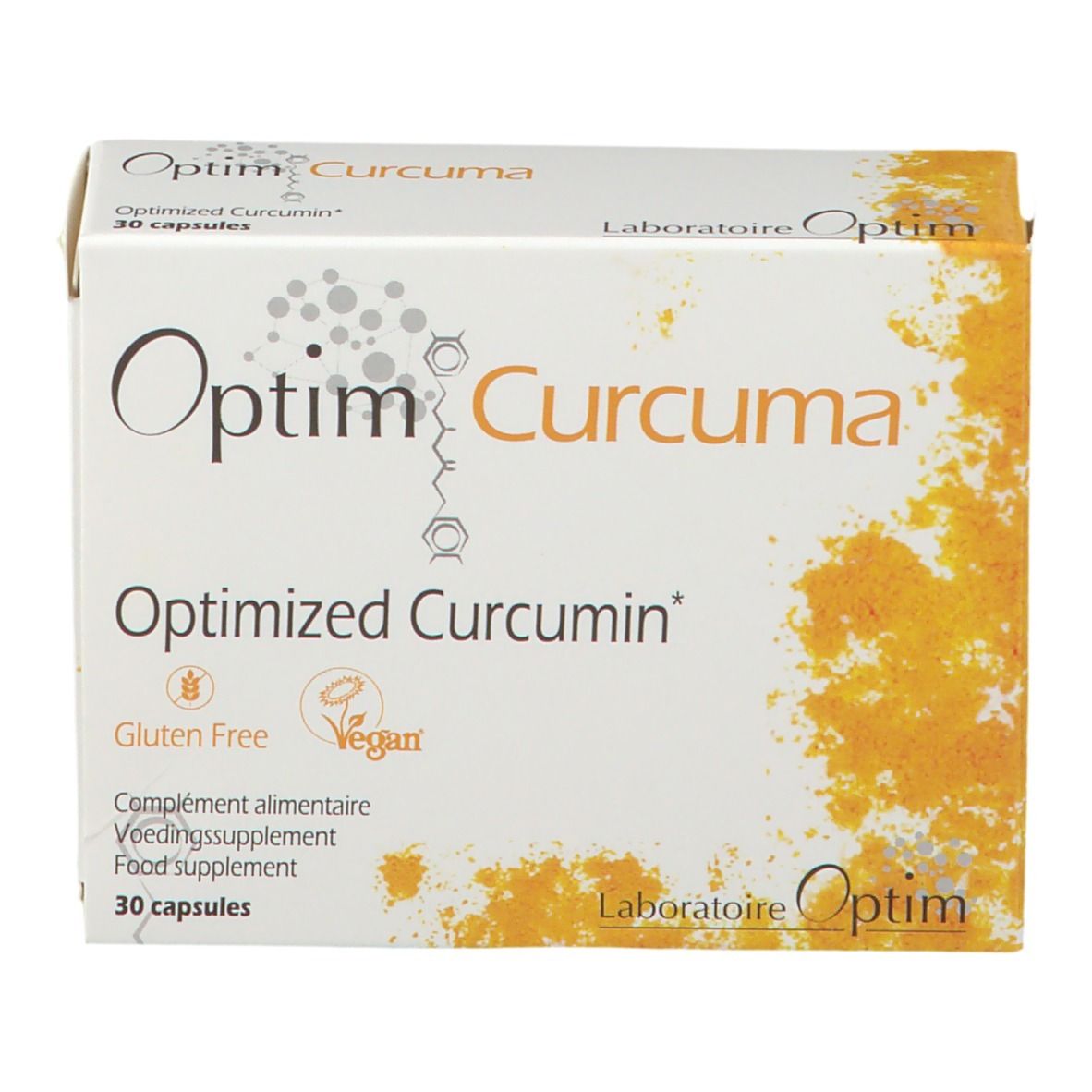Boîte Optim Curcuma. Contient 30 gélules. Sans gluten et végétalien.