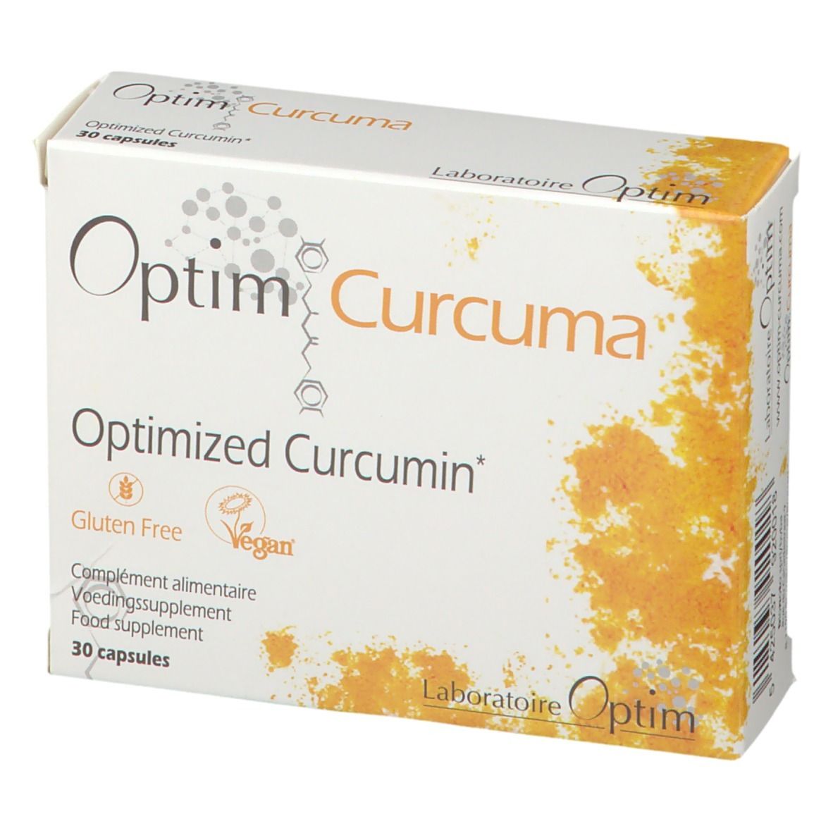 Boîte Optim Curcuma. Contient 30 gélules. Sans gluten et végétalien.