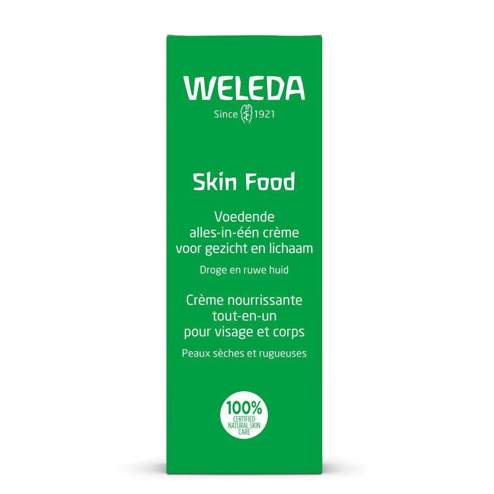Emballage vert avec texte blanc. Inscription: Weleda Skin Food. Texte en néerlandais et français. Ingrédients 100% naturels.