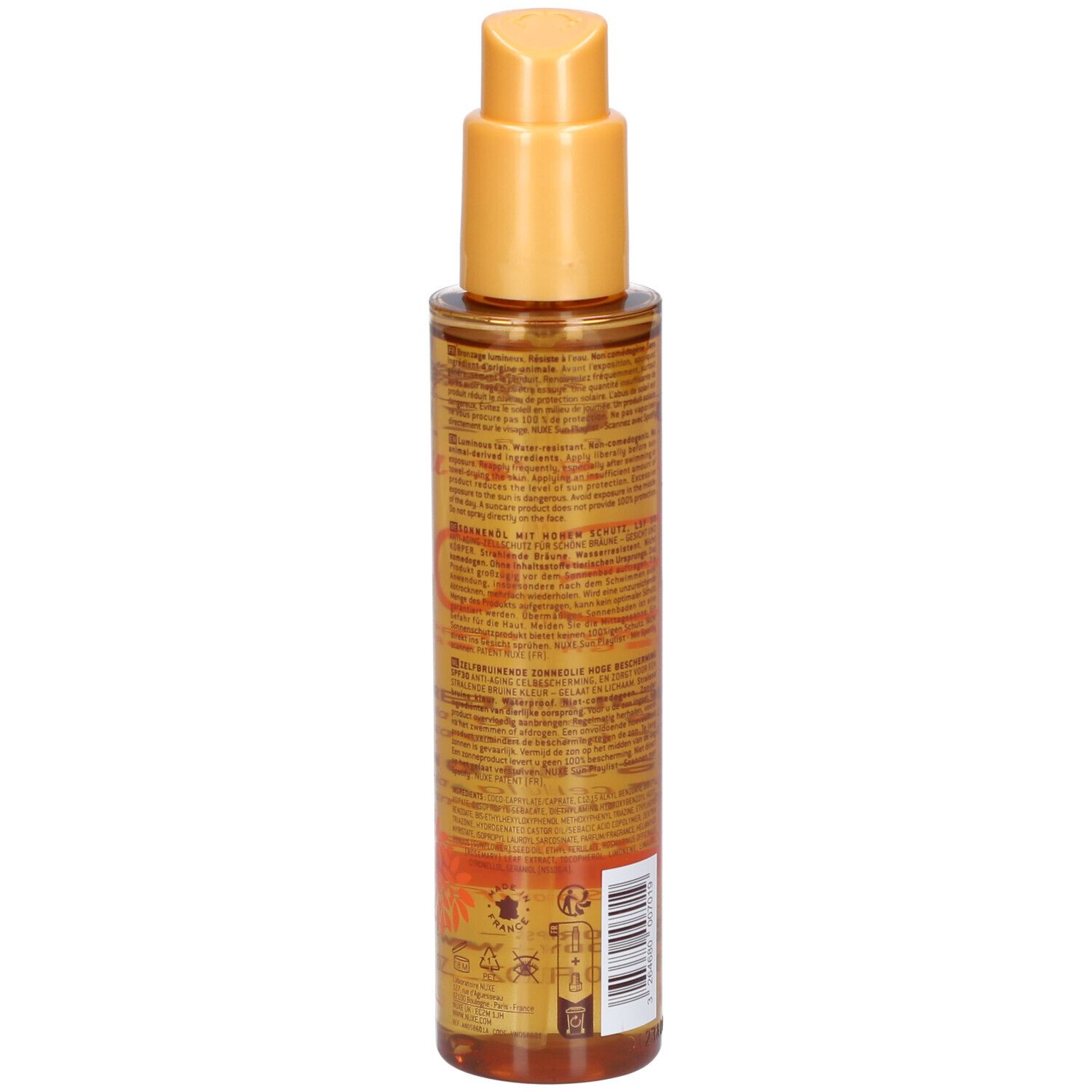 NUXE Sun Huile Solaire Bronzante LSF 30. Flacon brun avec vaporisateur jaune. Dos avec texte et code-barres.