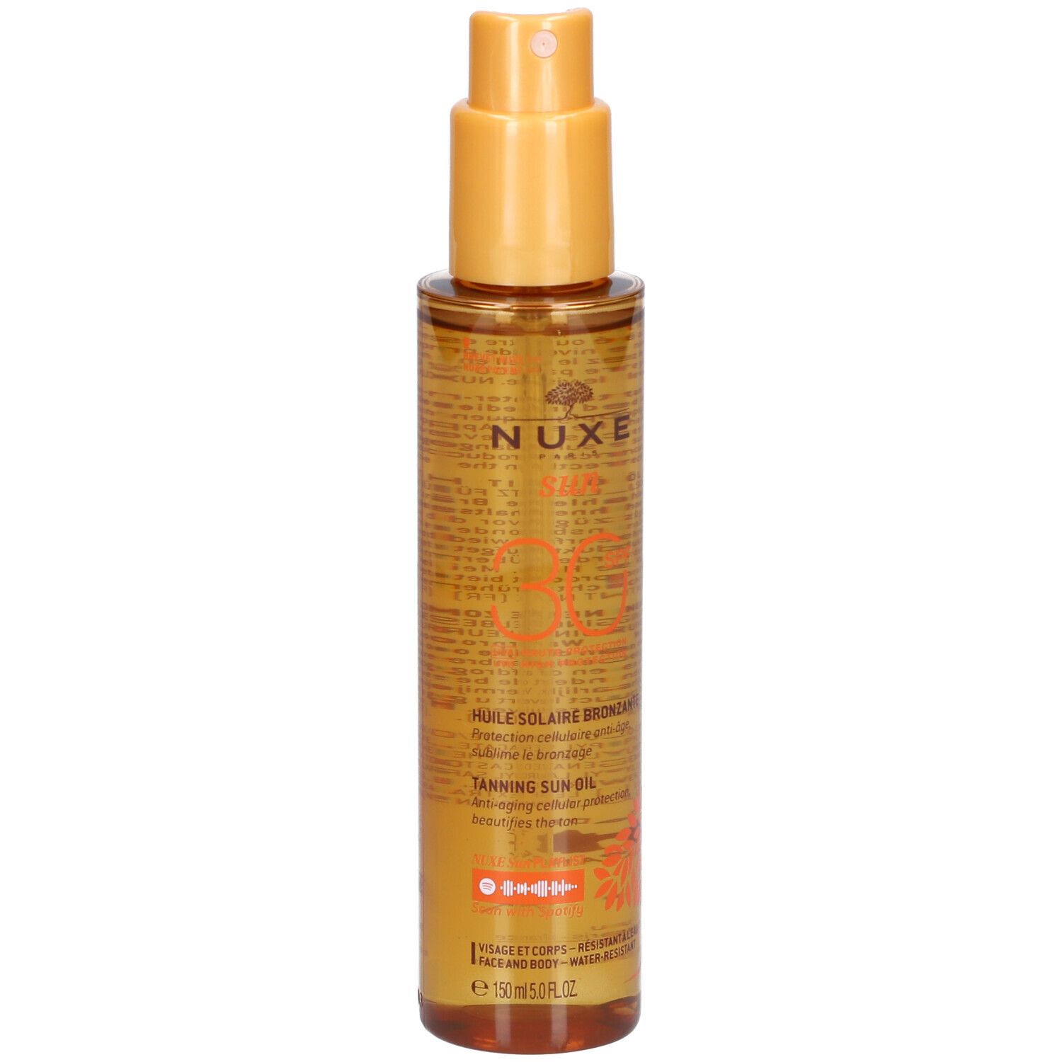 NUXE Sun Huile Solaire Bronzante LSF 30. Flacon brun avec vaporisateur jaune. Texte: Hoile Solaire Bronzante, Tanning Sun Oil.