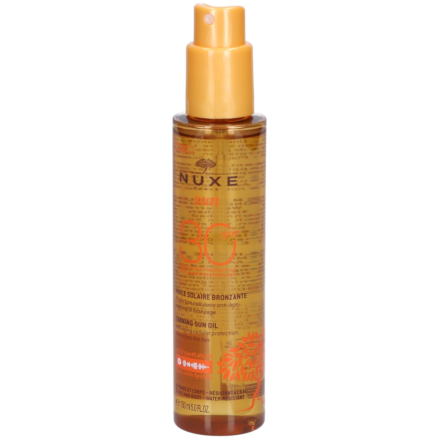NUXE Sun Huile Solaire Bronzante LSF 30. Flacon brun avec vaporisateur jaune. Texte: Hoile Solaire Bronzante, Tanning Sun Oil.