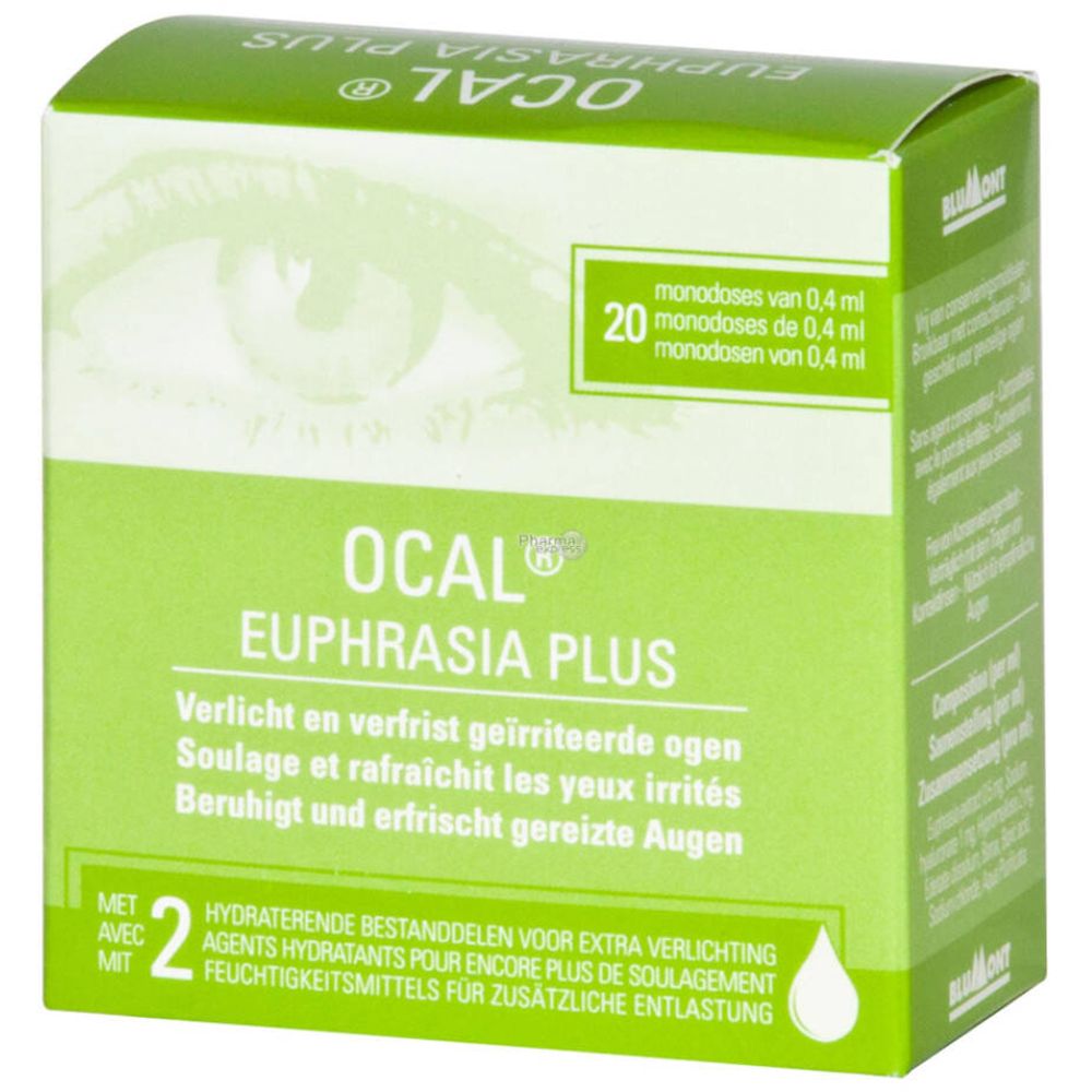 Groene verpakking Ocal Euphrasia Plus. Bevat 20 monodoses. Tekst: Verzacht en verfrist geïrriteerde ogen.