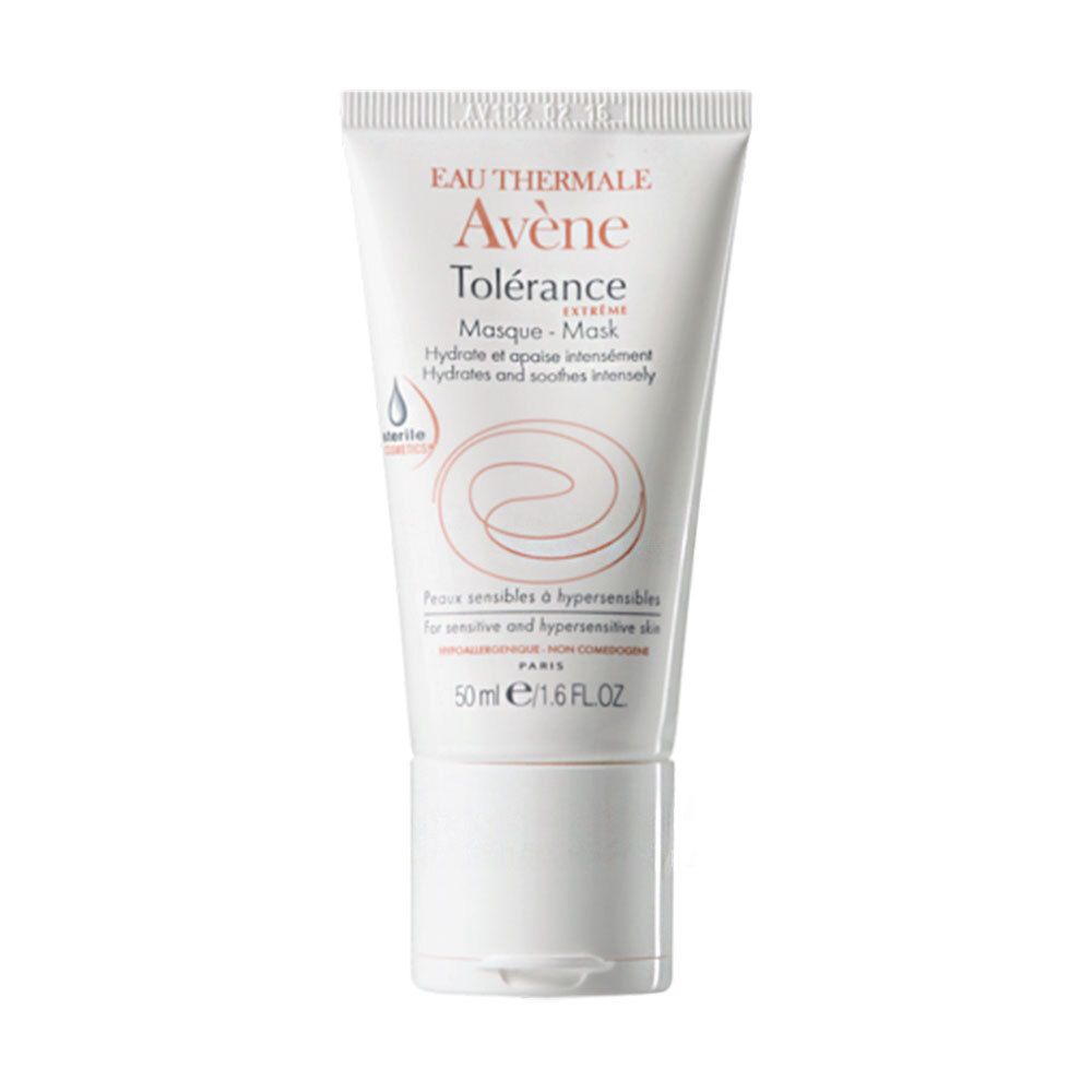 Tube blanc "Eau Thermale Avène Tolérance Extrême Masque". Contient 50 ml. Pour peaux sensibles et hypersensibles.