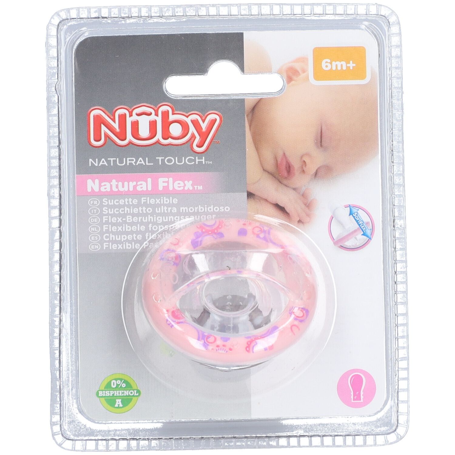 Rosa Schnuller in Blisterverpackung. Aufschrift: Nûby Natural Touch Natural Flex. Geeignet für Babys ab 6 Monaten. BPA-frei.