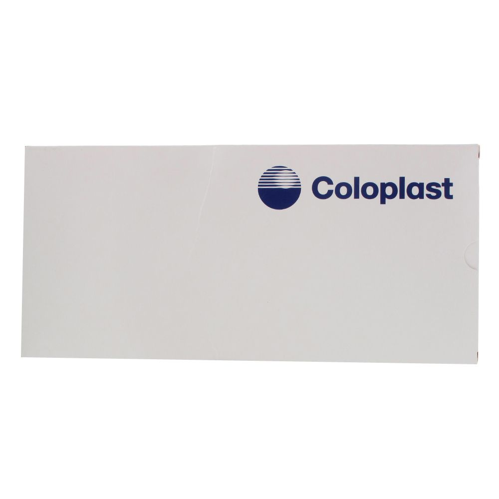 Emballage blanc avec logo bleu Coloplast. Forme rectangulaire.