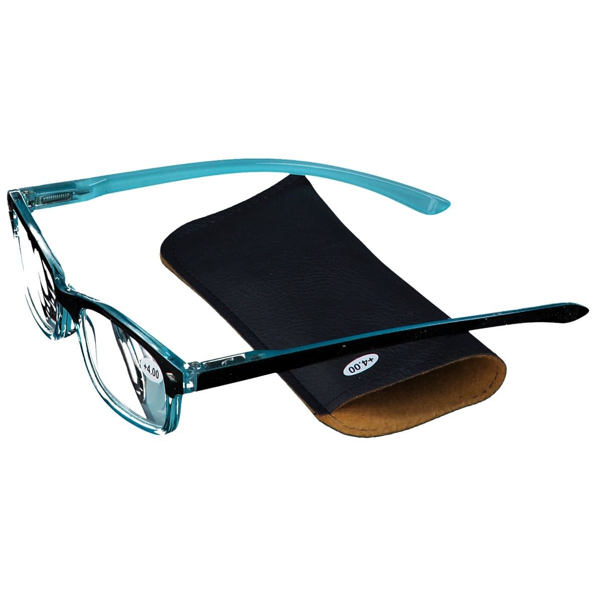 Lunettes bleues et étui noir. Verres +4.00. Étui noir avec intérieur marron.