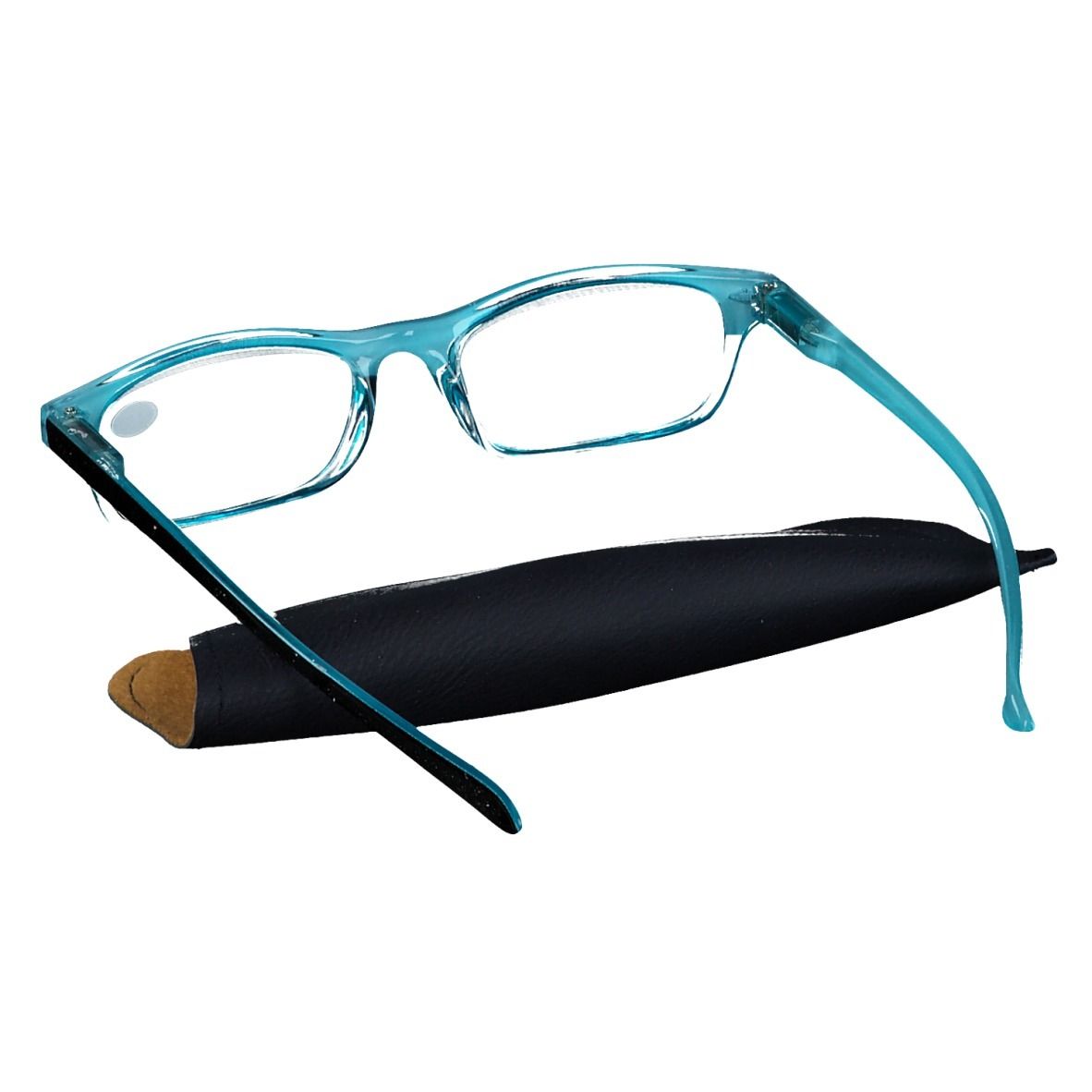 Lunettes bleues et étui noir. Verres +4.00. Étui noir avec intérieur marron.