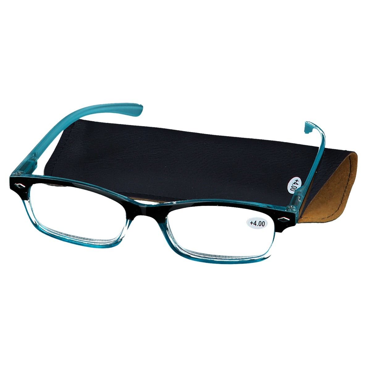 Lunettes bleues et étui noir. Verres +4.00. Étui noir avec intérieur marron.