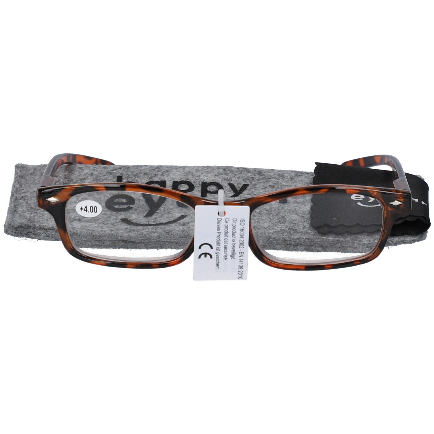 Lunettes de lecture marron +4. Étui gris et chiffon de nettoyage. Étiquette avec texte.