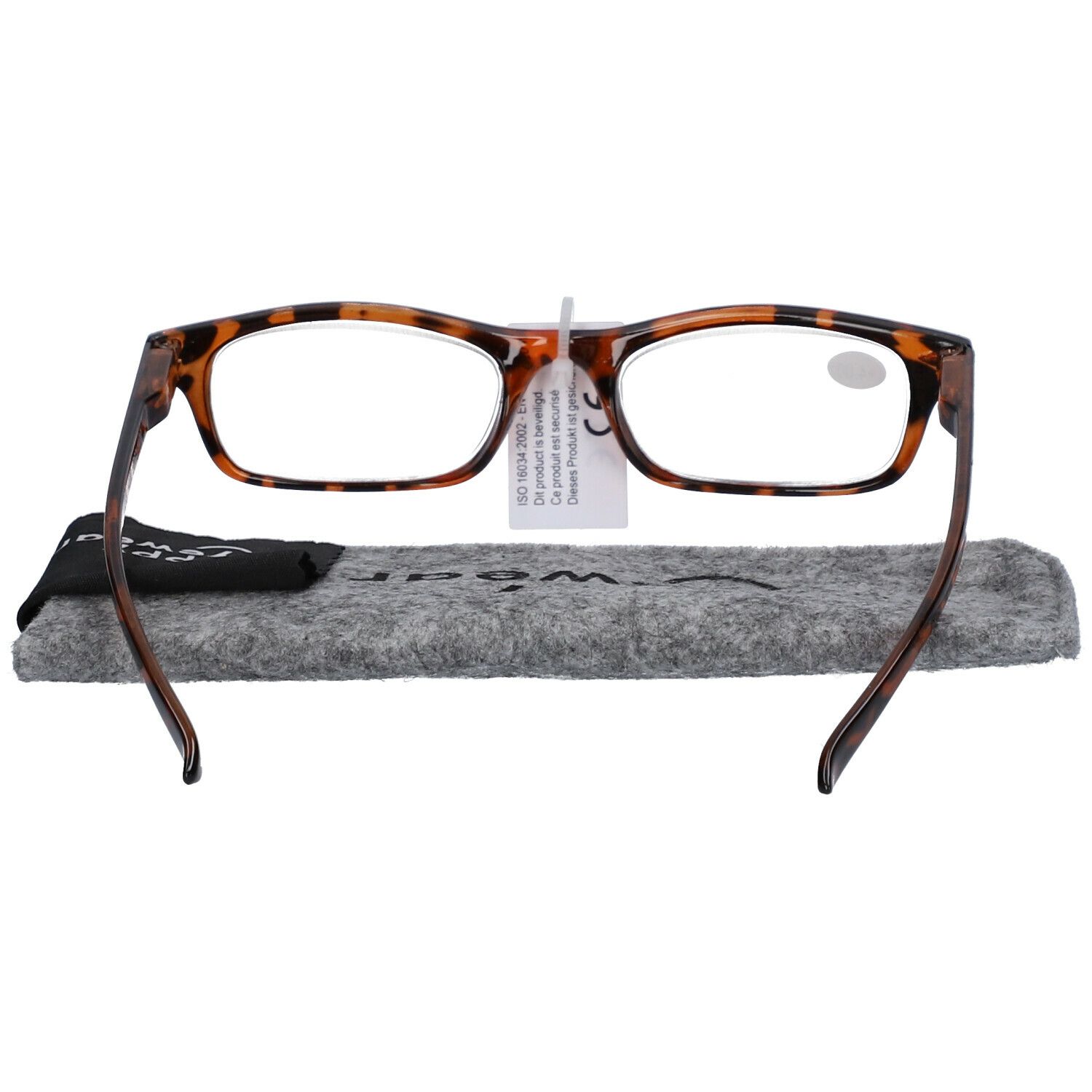 Lunettes de lecture marron +4. Étui gris. Étiquette avec texte.