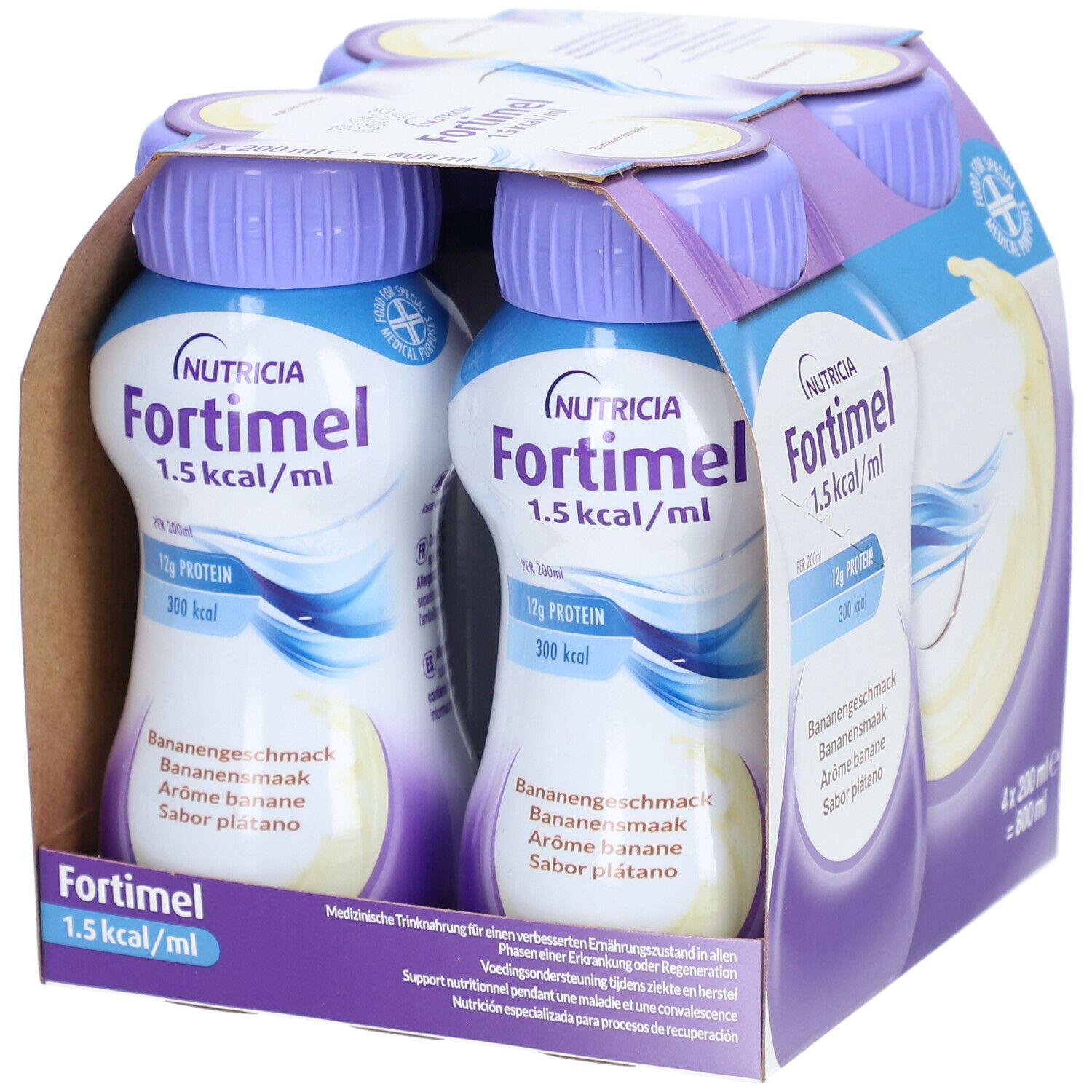 Emballage de quatre bouteilles Fortimel. Bouchons violets. Saveur banane. Contient 12g de protéines et 300 kcal.