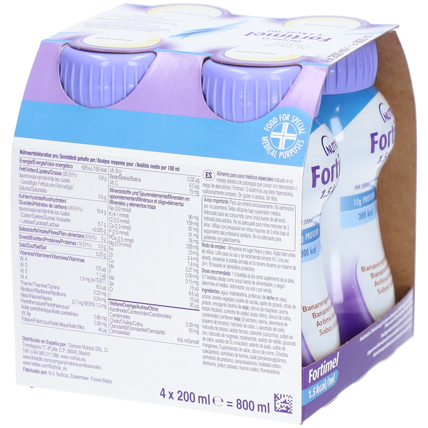 Dos de l'emballage avec informations nutritionnelles. Informations en plusieurs langues, dont le français et l'espagnol.