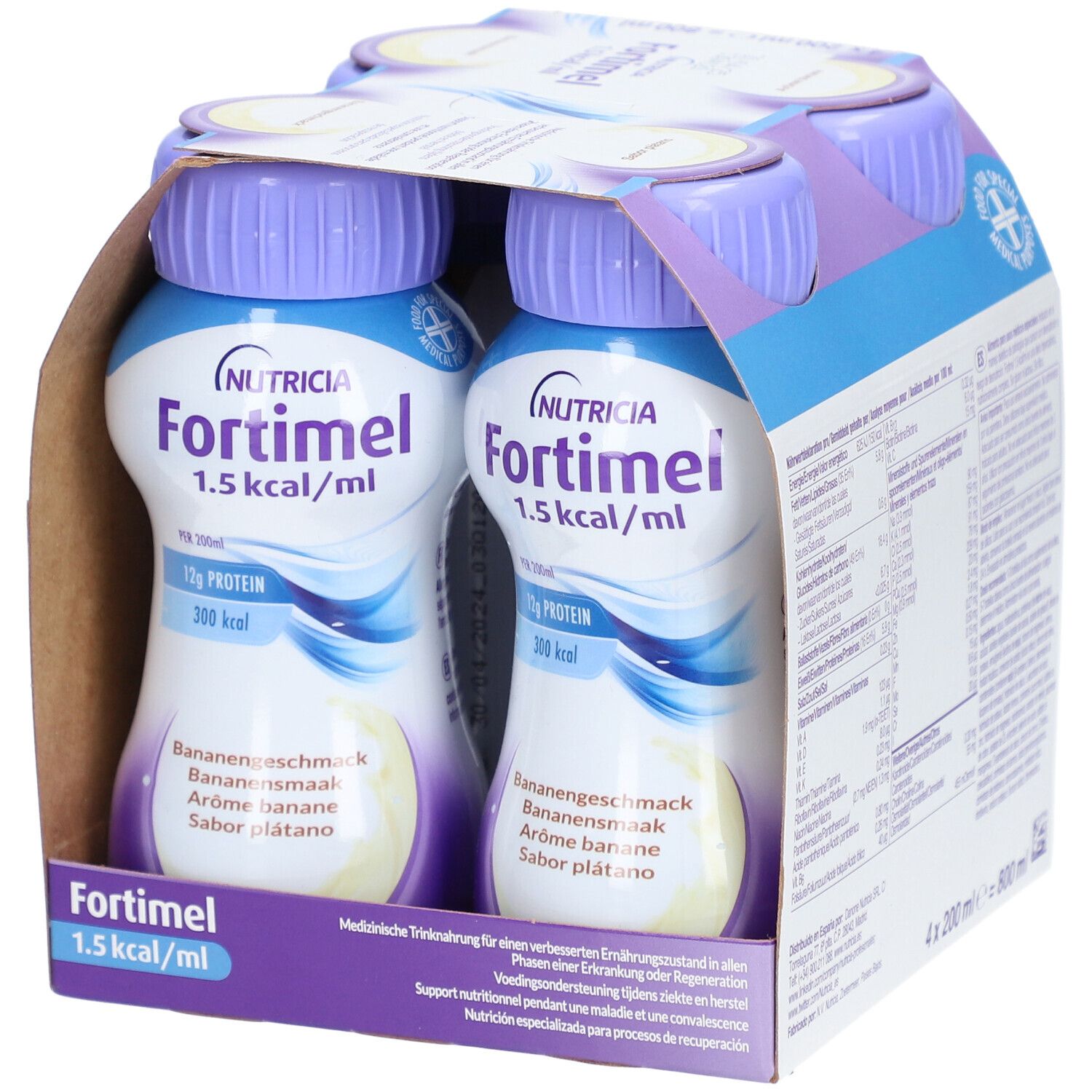 Emballage de quatre bouteilles Fortimel. Bouchons violets. Saveur banane. Contient 12g de protéines et 300 kcal.